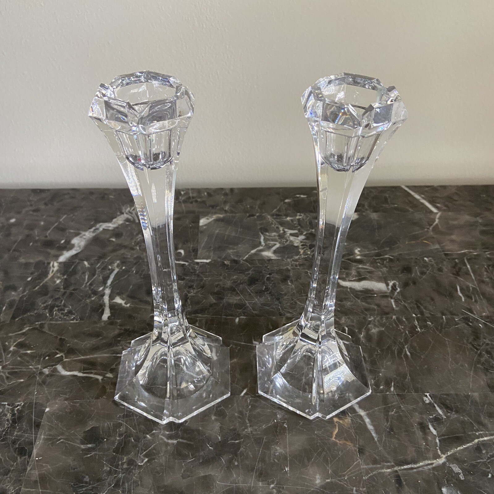 Crystal Candle Holders Czech Bohemian 8 1/8” Pair Hand Cut 24% PBO