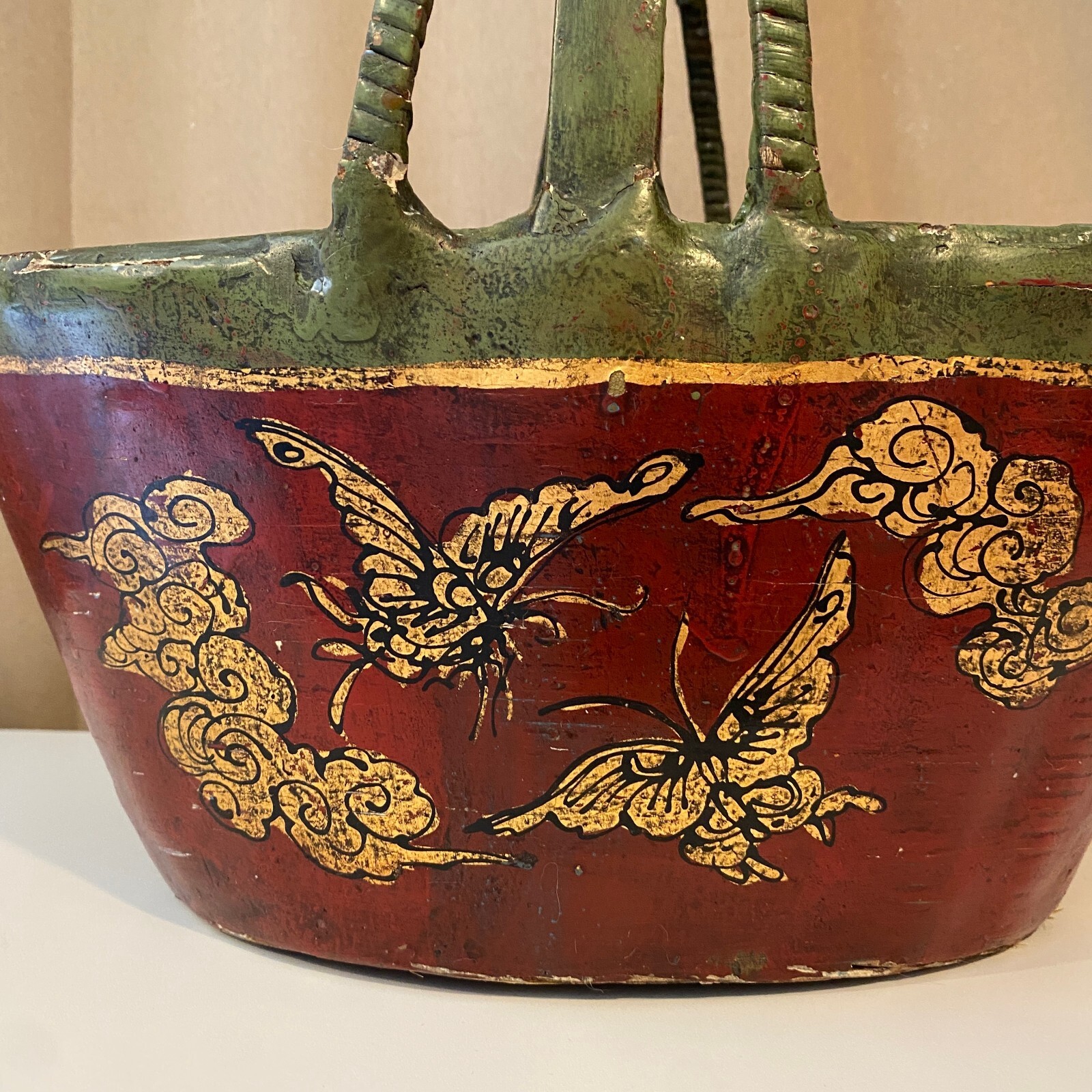 Antique French Red Green Basket Hand-Painted Butterfly Floral
