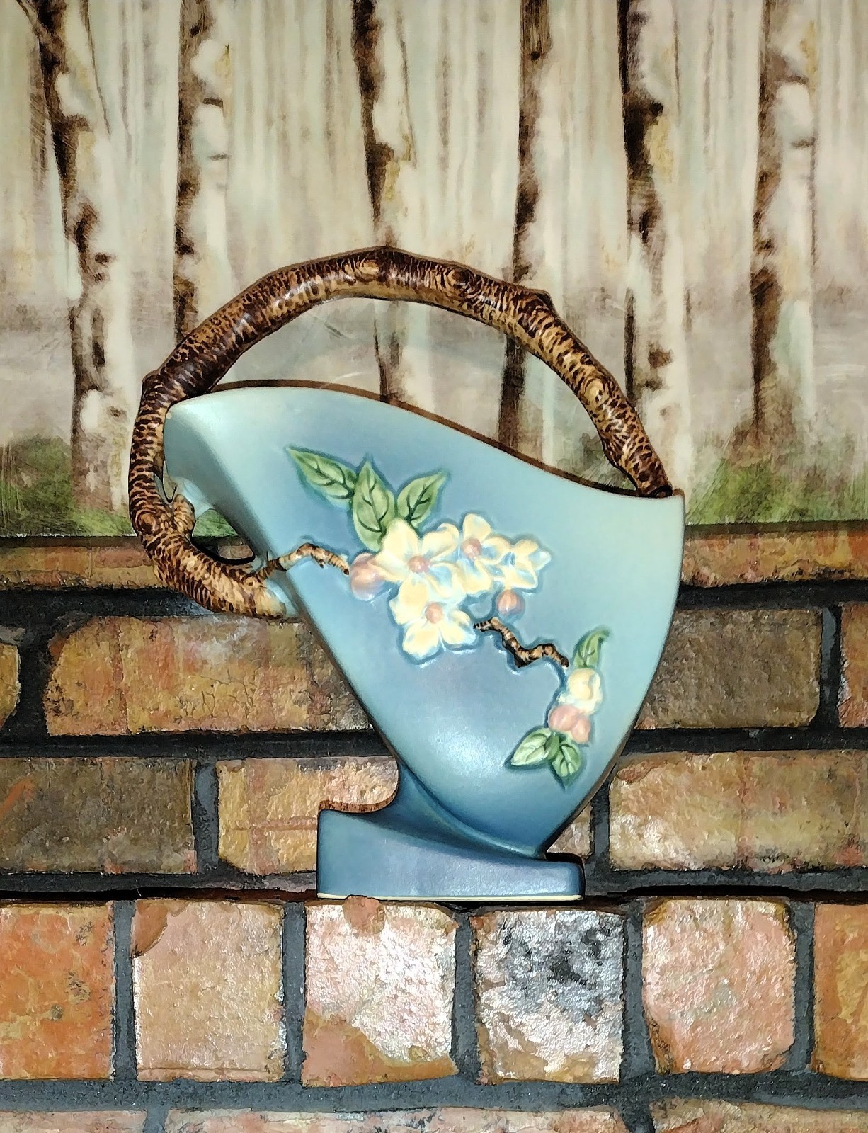 Vintage Roseville Apple Blossom Aqua Blue Basket/Vase, #311-12 Shape 1940’s Era