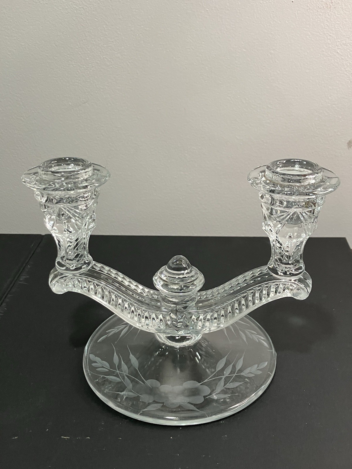 2 Vintage Art Deco Double Candle Candelabra Etched Base Crystal MCM EUC