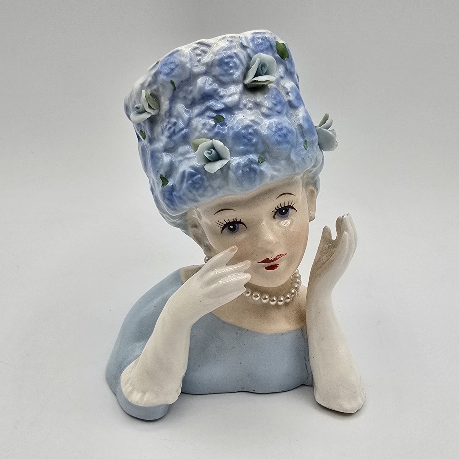 Vintage Relpo A-1373S Ceramic Lady Head Vase MCM Japan Blue Htf 4.25″
