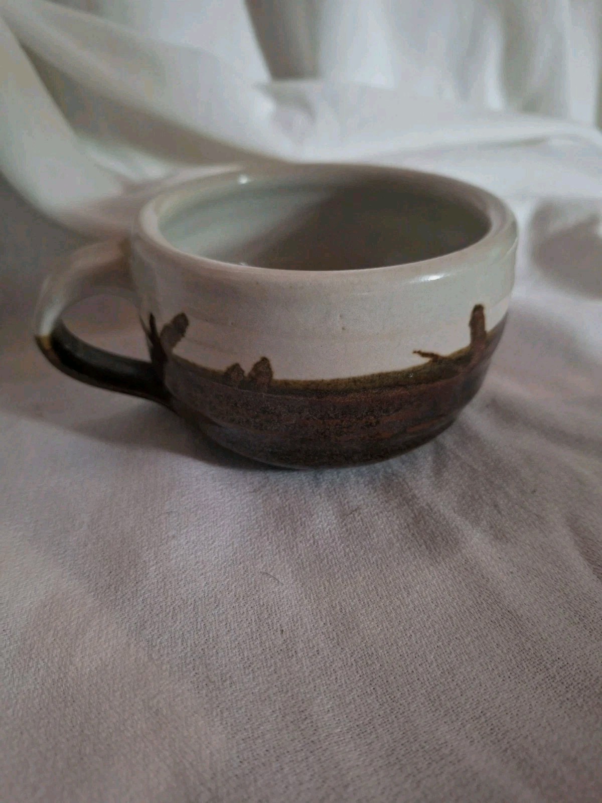 handmade studio pottery, stoneware two-tone drip glaze, cream and Brown Glaze