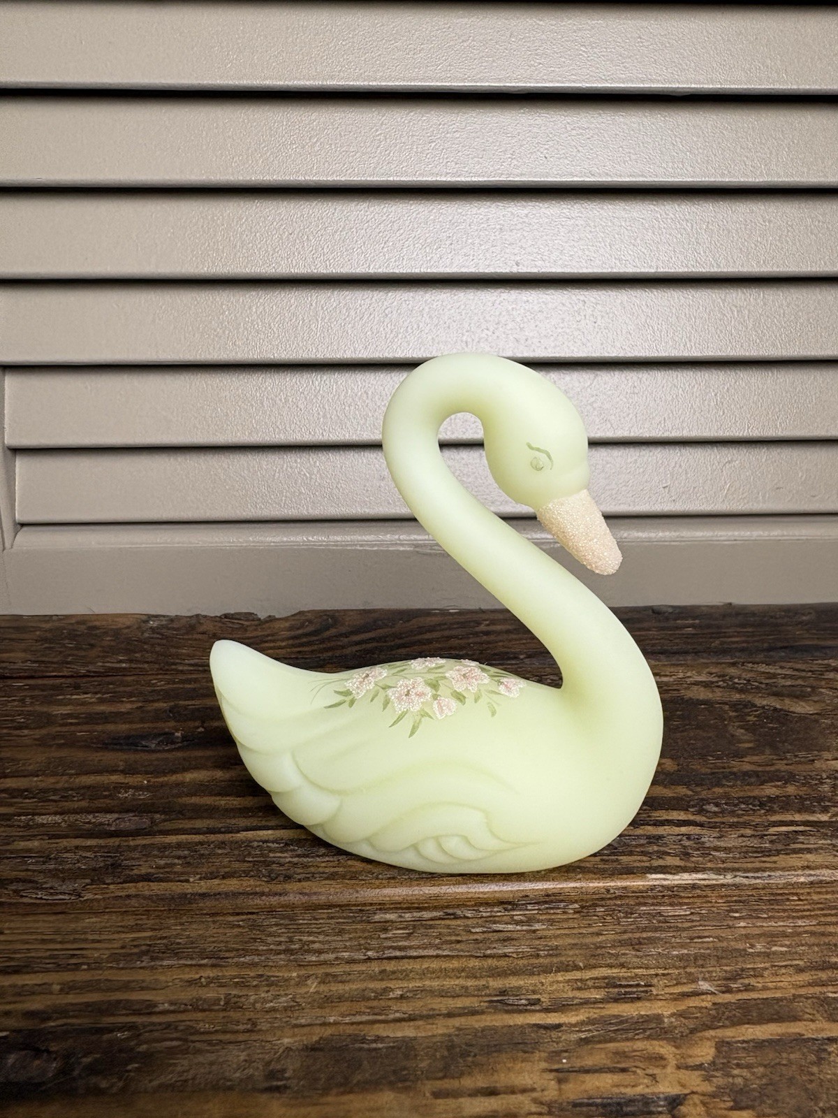 Vintage FENTON Custard Uranium Glass Swan Hand Painted & Signed