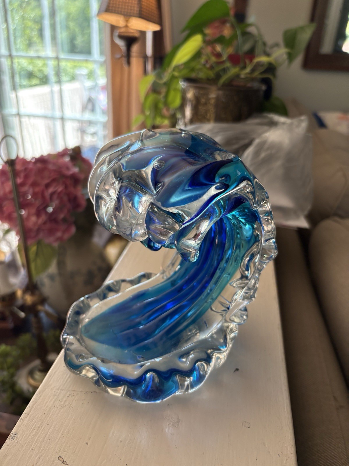 Hand Blow Rolling Ocean Coastal Table Top Nautical Art Glass Decor Blue