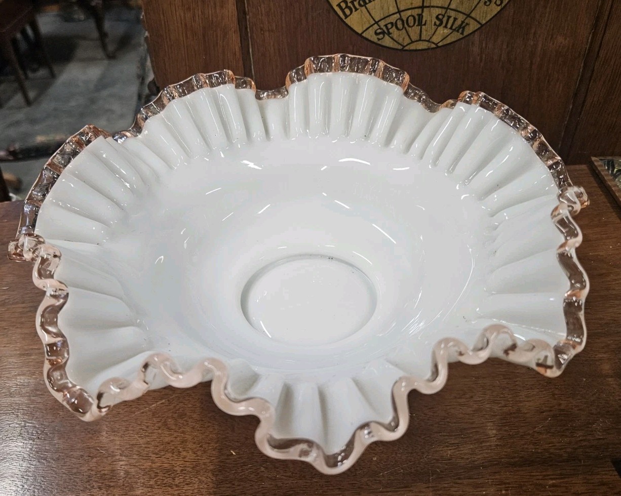 Vintage Victorian Bride’s White Basket Bowl With Ruffled Pink/Cranberry Edge