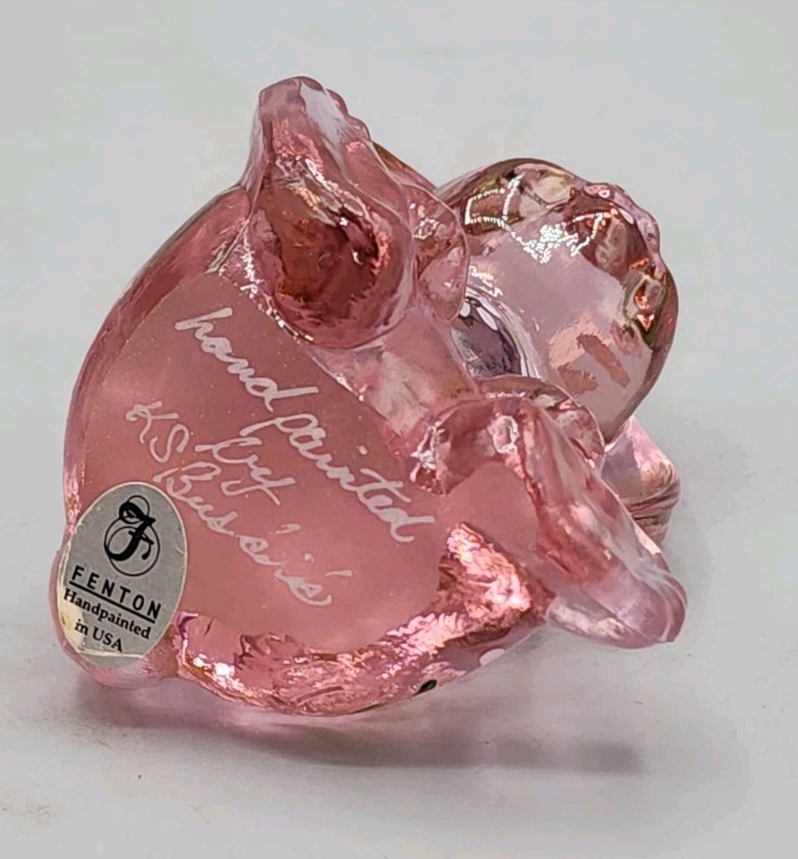 Fenton Glass Bunny Figurine Lop-Eared Madras Pink Cranberry Floral Signed.