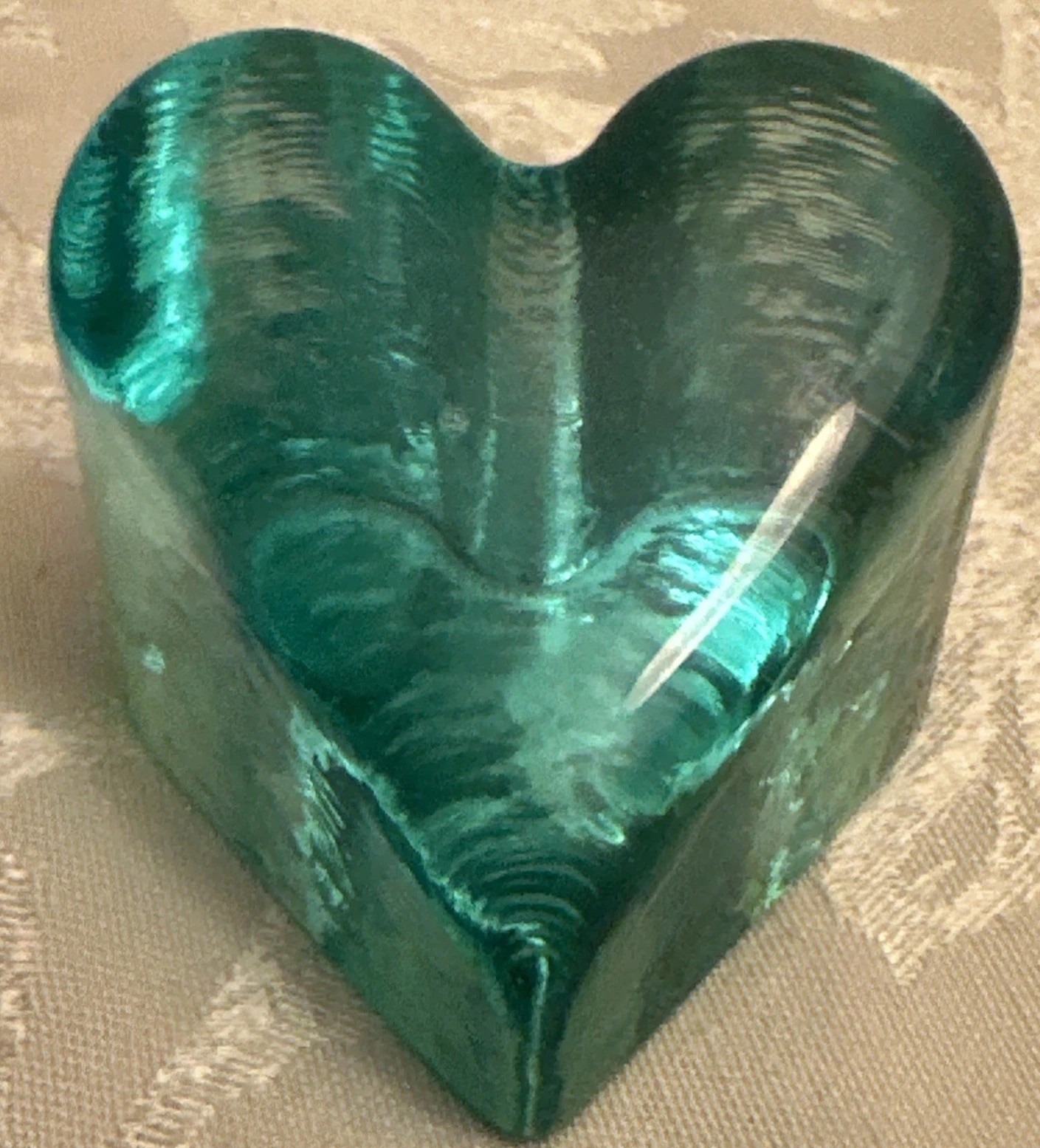 Fire & Light Signed Recycled Art Glass Heart Paperweight Aqua Fire and Light