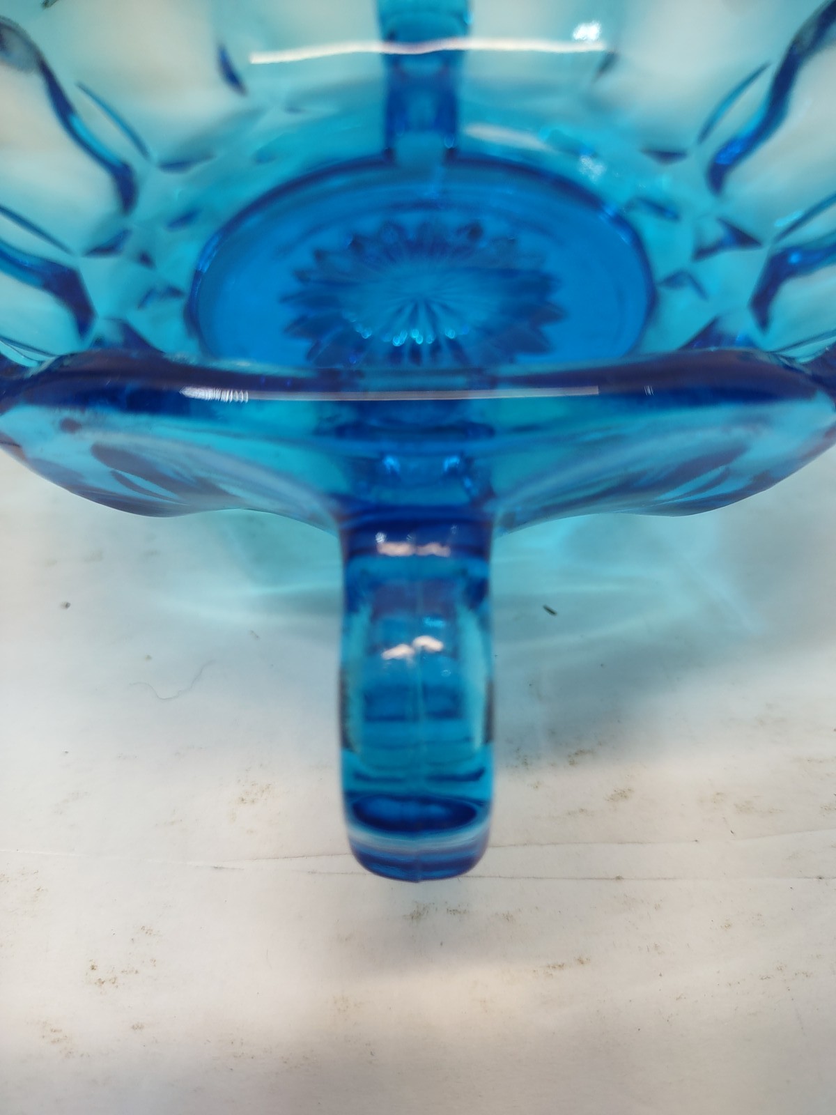 Vintage Depression Glass Blue Scalloped Footed Handled Bowl Dish Starburst