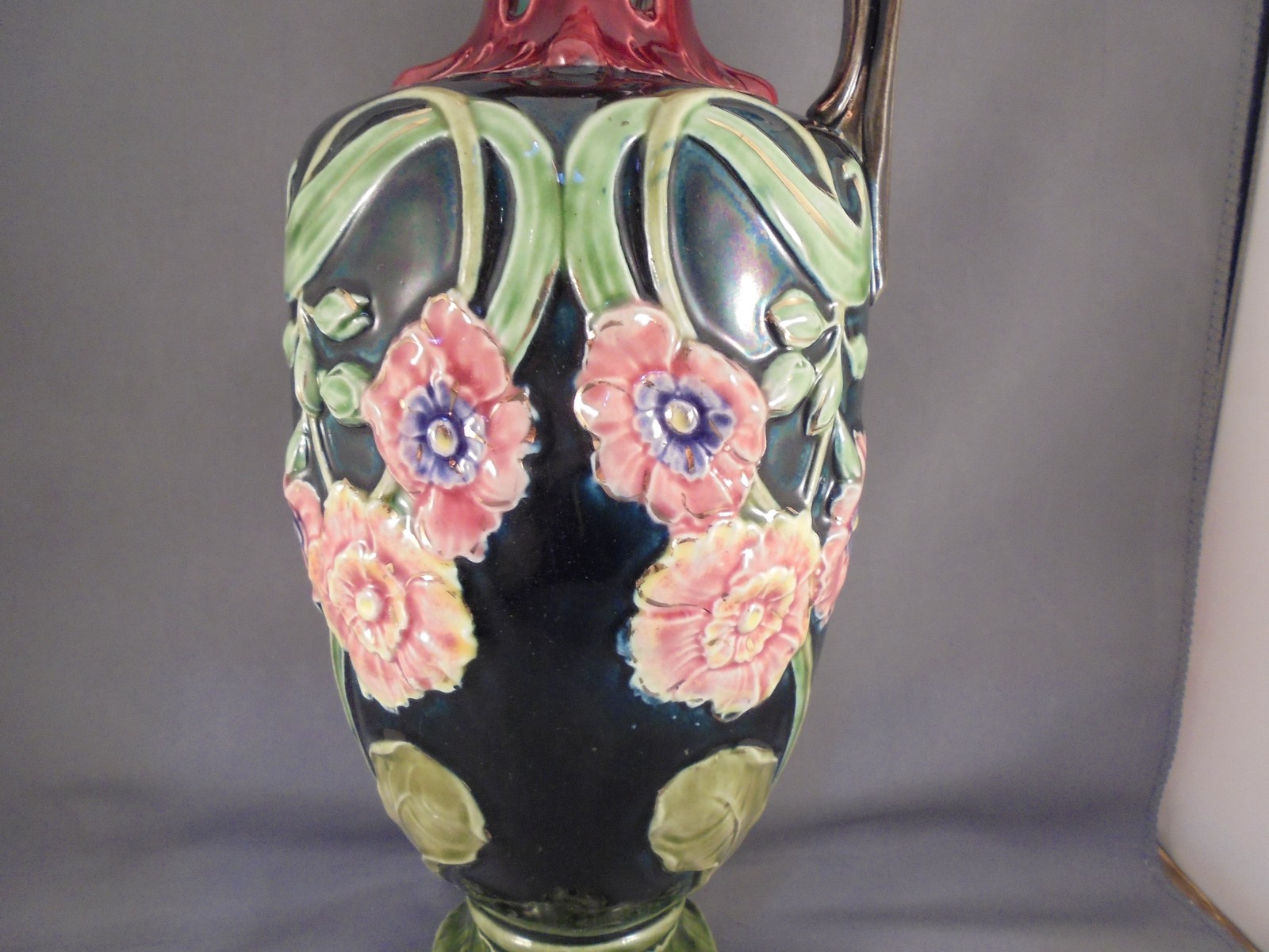 Antique Majolica Pottery Art Nouveau Ewer Vase Flowers Foliage 12 5/8″