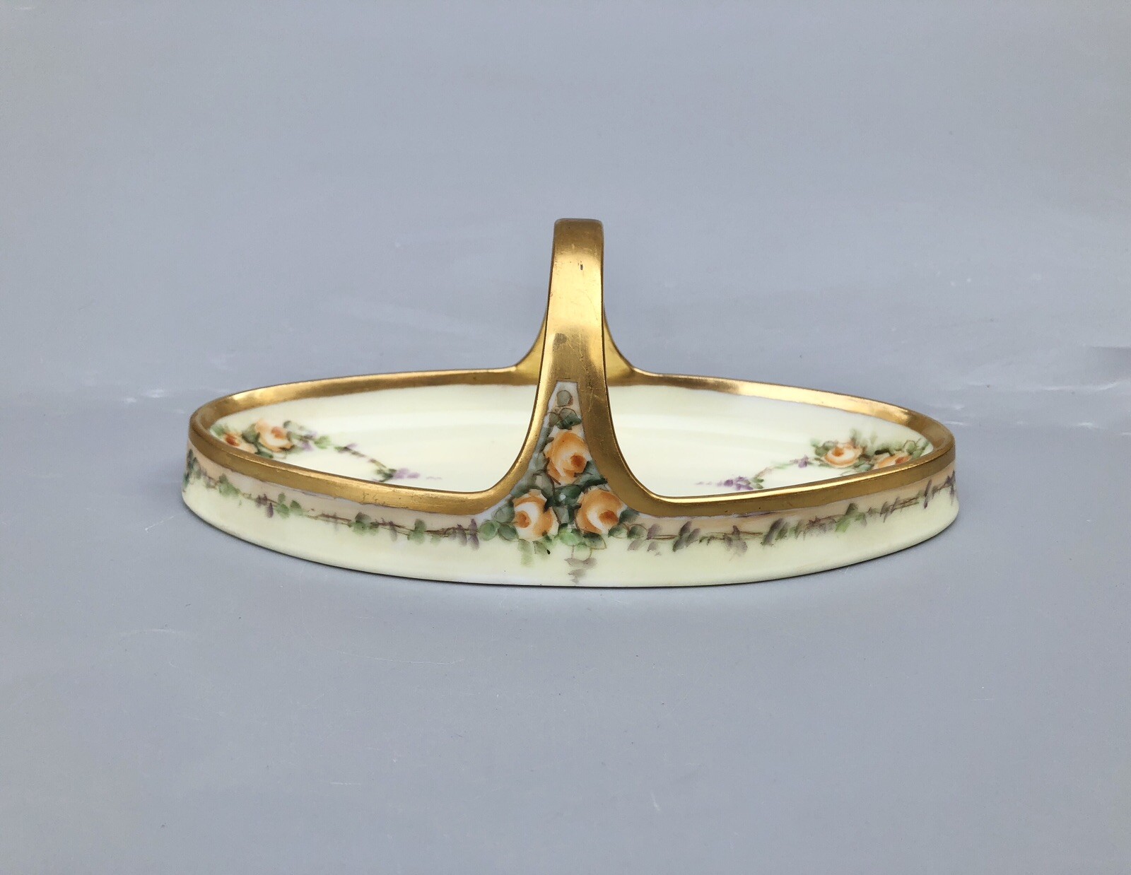 Vintage RS Germany Oval Porcelain Bowl Shallow Basket Pink Rose Gold Gilt