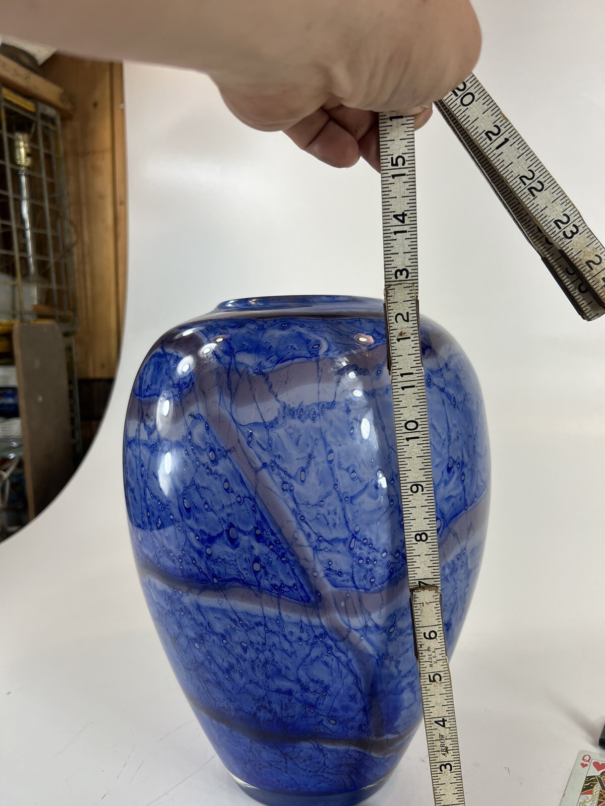 Large Vase Blue Mouth Blown Art Glass Sea Scape Gold Dust vintage 12.5″