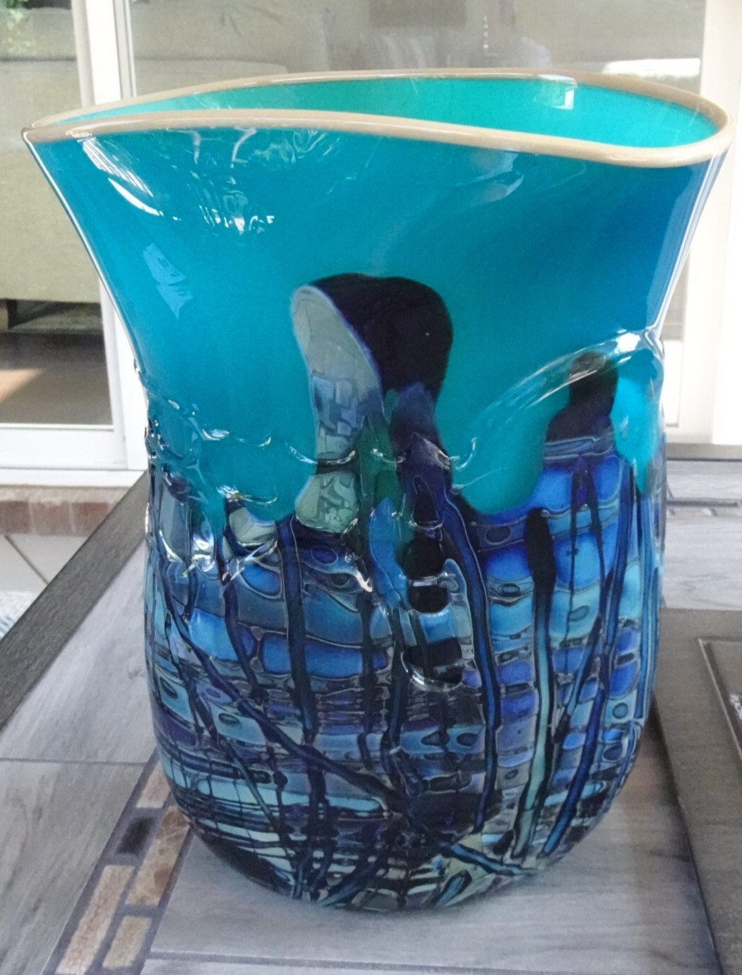 HEAVY! Large Signed 1997 BUMP Studio Art Glass Threaded Freeform Vase 10.5″