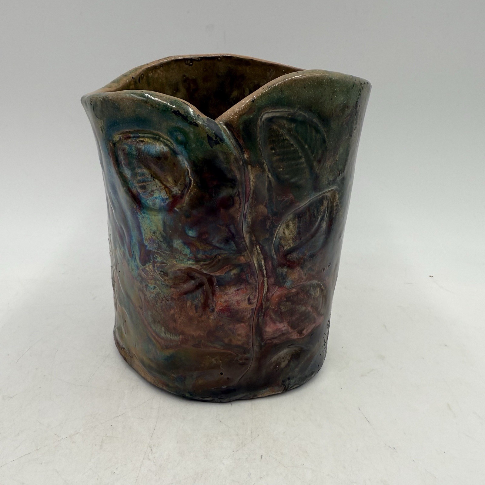 Raku Pottery Vase Multicolor Iridescent, Leaf Impressions Wrap Design 5.75” Tall