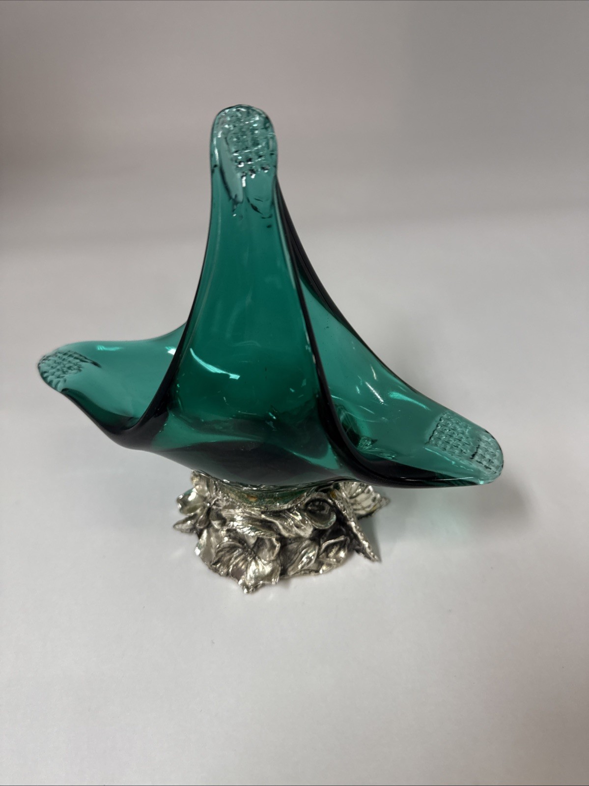 Vintage Murano Style Teal Art Glass Basket Silver Pedastal Base @ 7” Tall