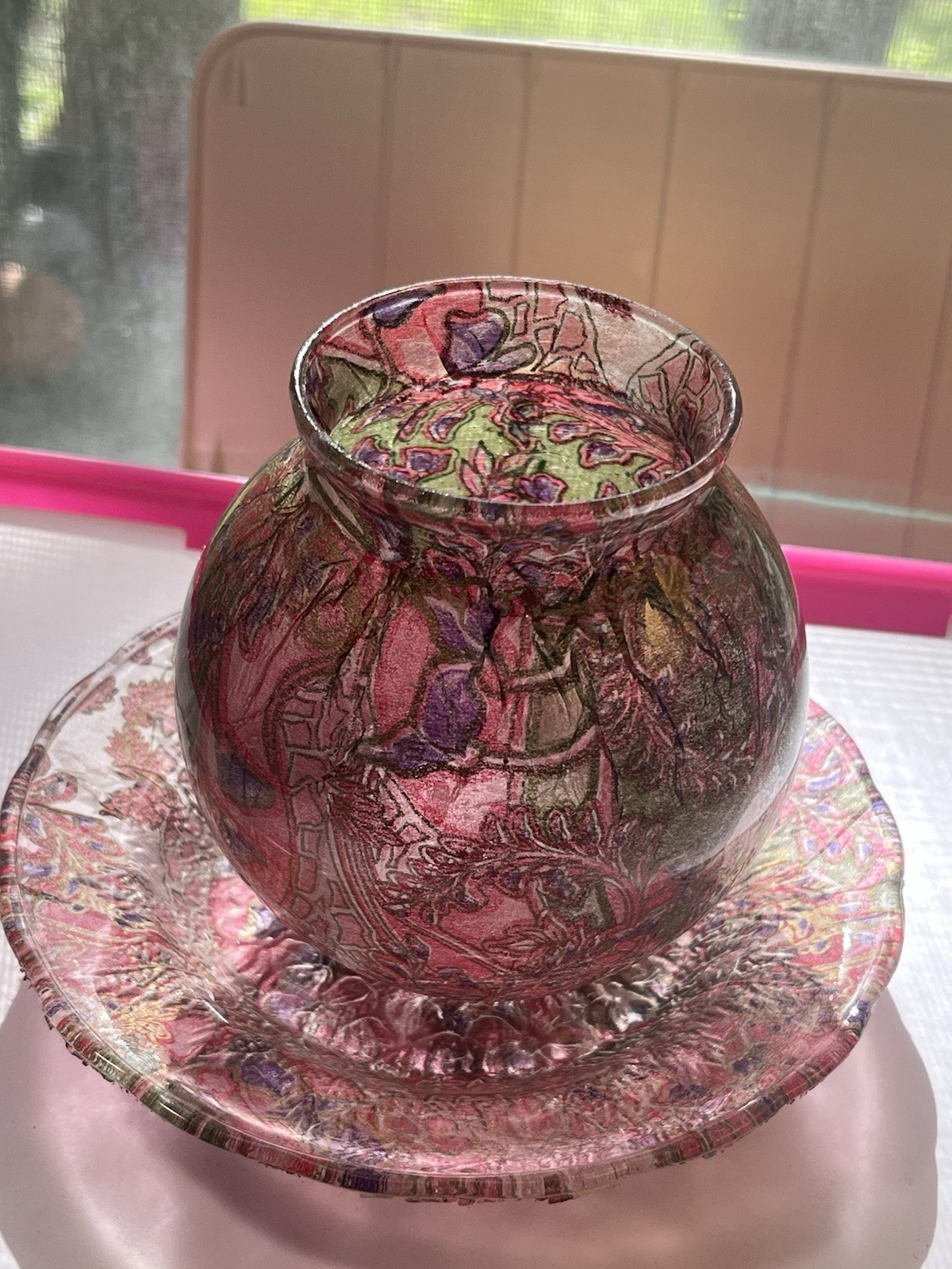 Vase and plate iridescent luster ware glass Michael Harris
