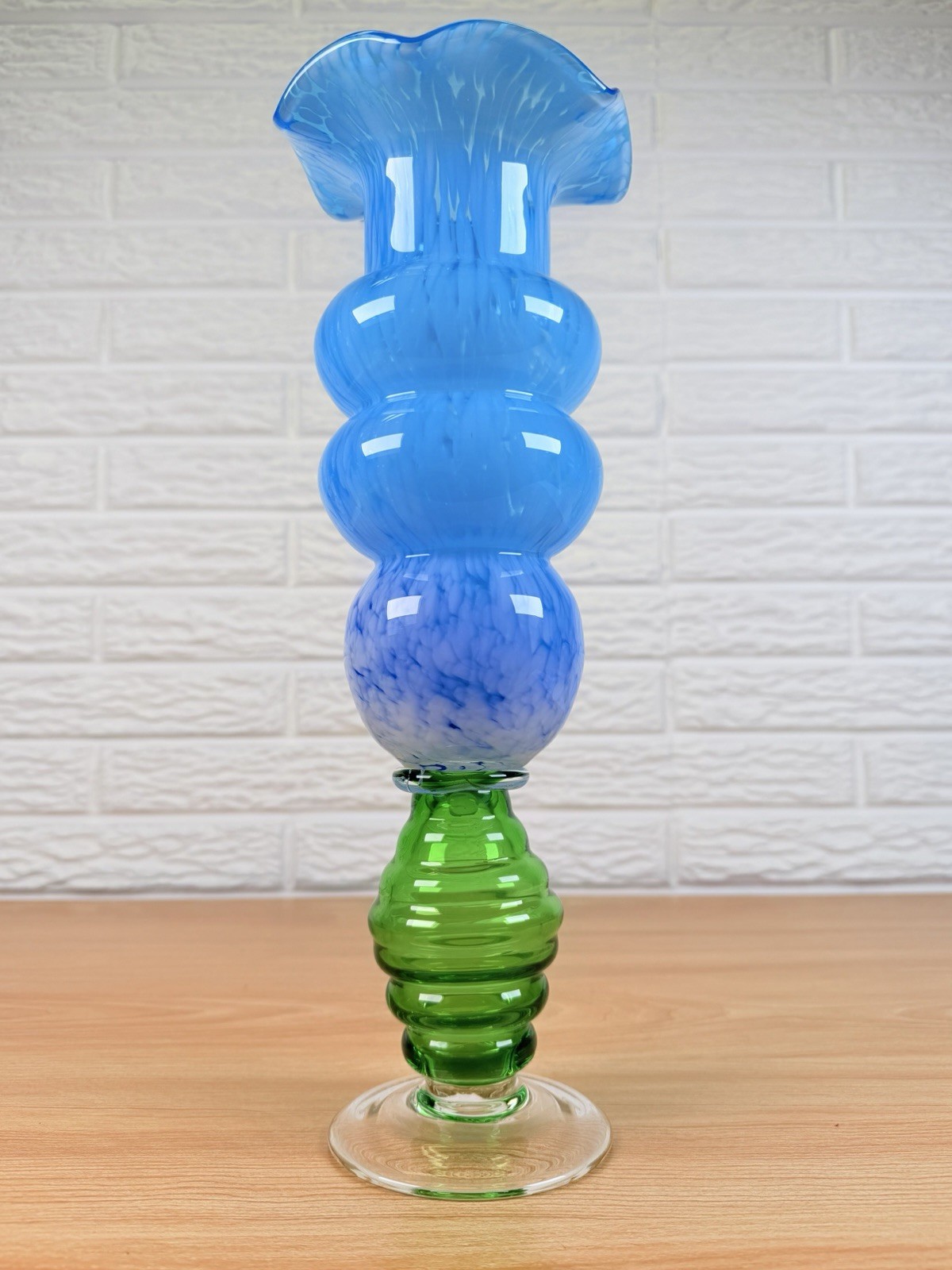 Italian Art Glass Vase 14” Blue White Spatter Green Base Hand Blown MCM