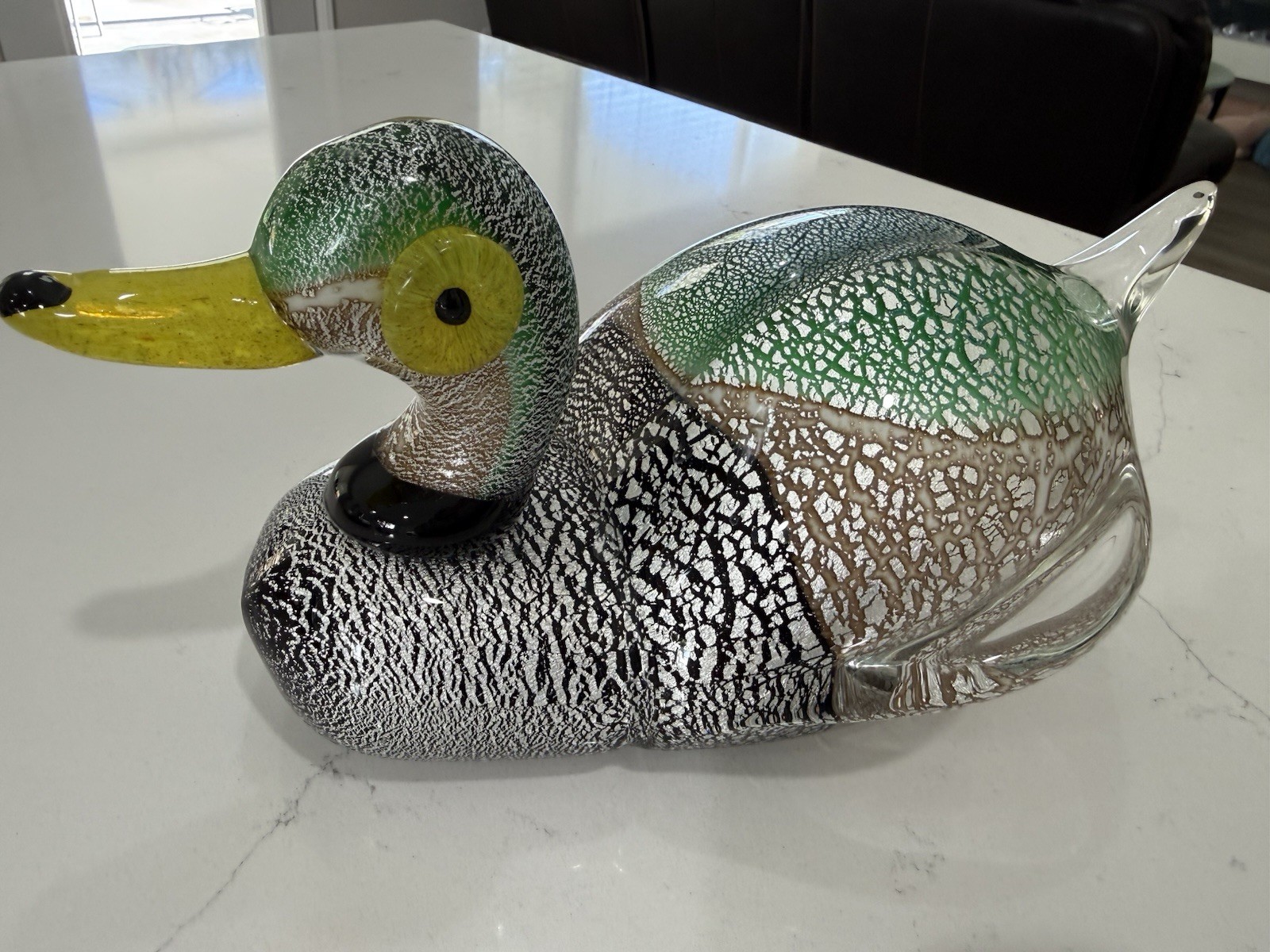 Murano Art Glass Mallard Duck 12” long Silver Flecks, Heavy