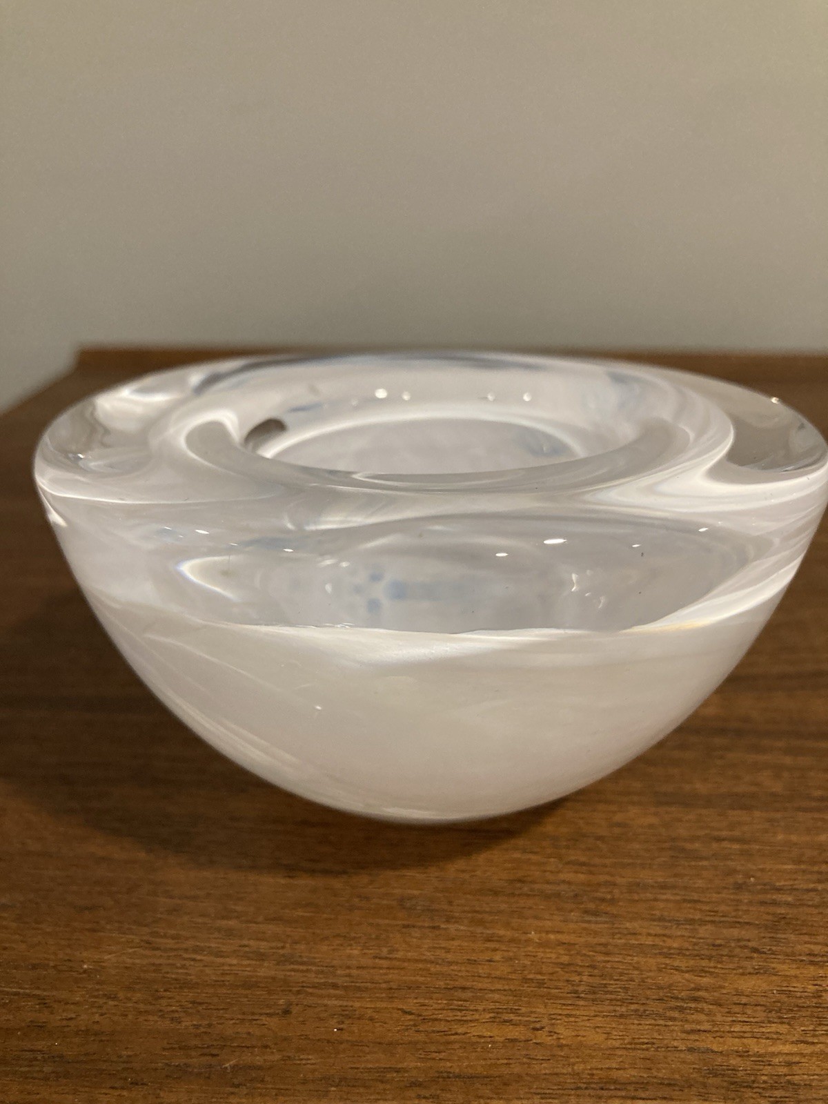 Kosta Boda Candle Atoll Votive Holder Crystal Art Glass White Clear Swirl 4.5″