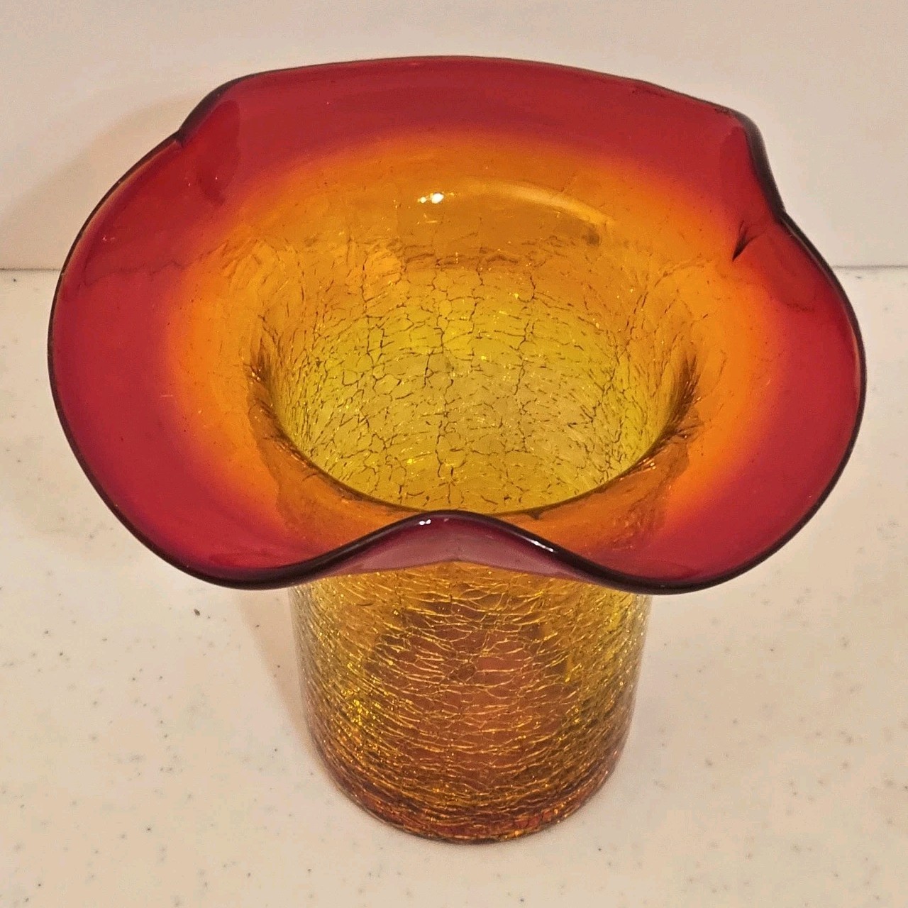 Vintage Amberina Crackle Glass Handblown Vase 5″ 3 Turned Up Points Blenko?