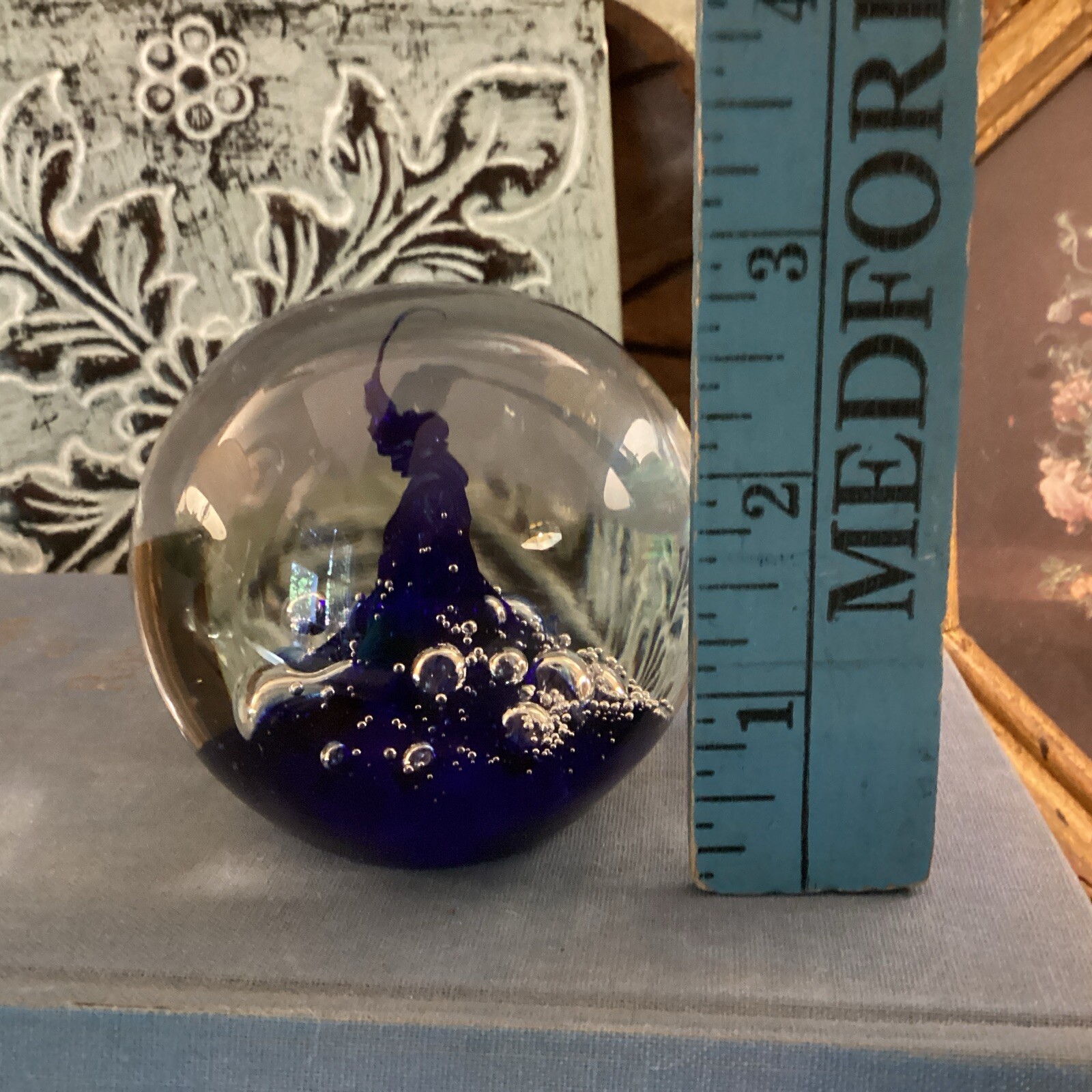 Paperweight Cobalt Blue Controlled Bubbles Boho Beautiful Gift art Glass Blown