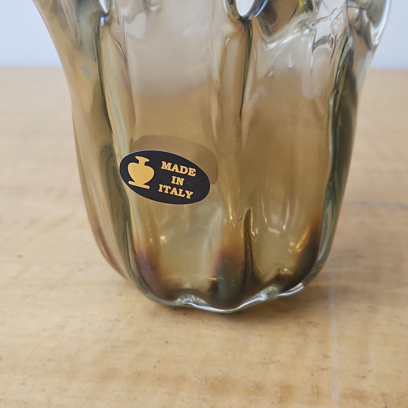 Murano Glass Vase free form with cutouts smokey brown 5 inch handmade in ITALY