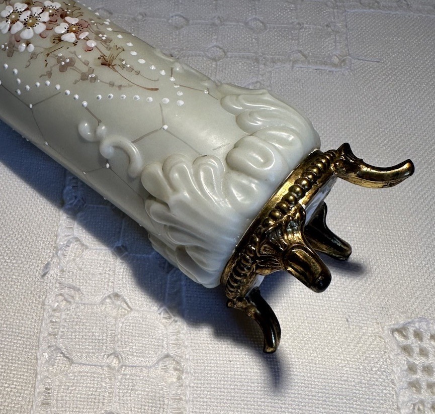 Antique C.F. Monroe Wave Crest Bud Vase, Floral Opal Glass w/ Ormolu Base 7.5”