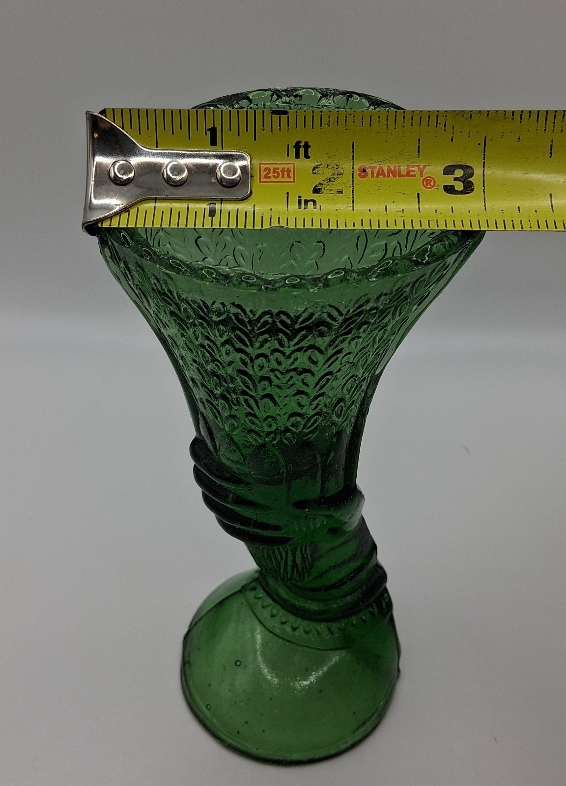 Rare Green Small Glass Hand Vase. Stored In Box, Never Displayed.