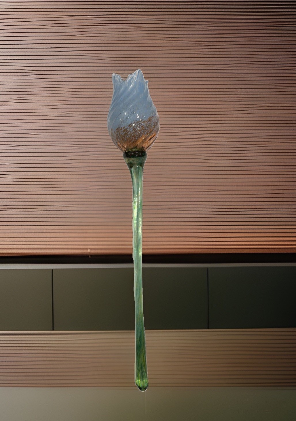 13” Art Glass Blue And Orange Tulip Hand Blown Green Stem Flower Murano Style