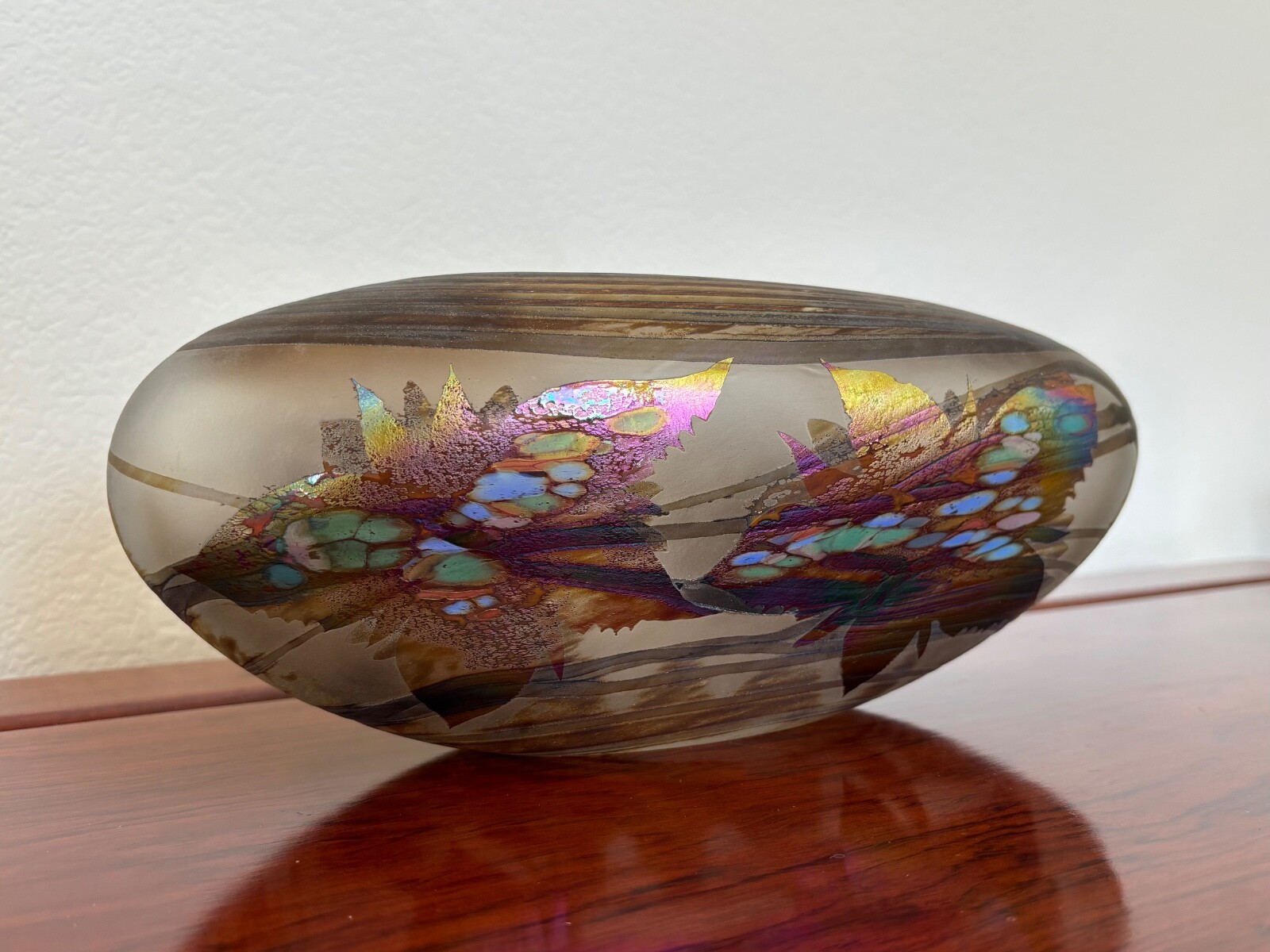 BOROWSKI GLASS STUDIO Transverse Oval Vase, Multi Color Flowers~GERMANY ~Signed.