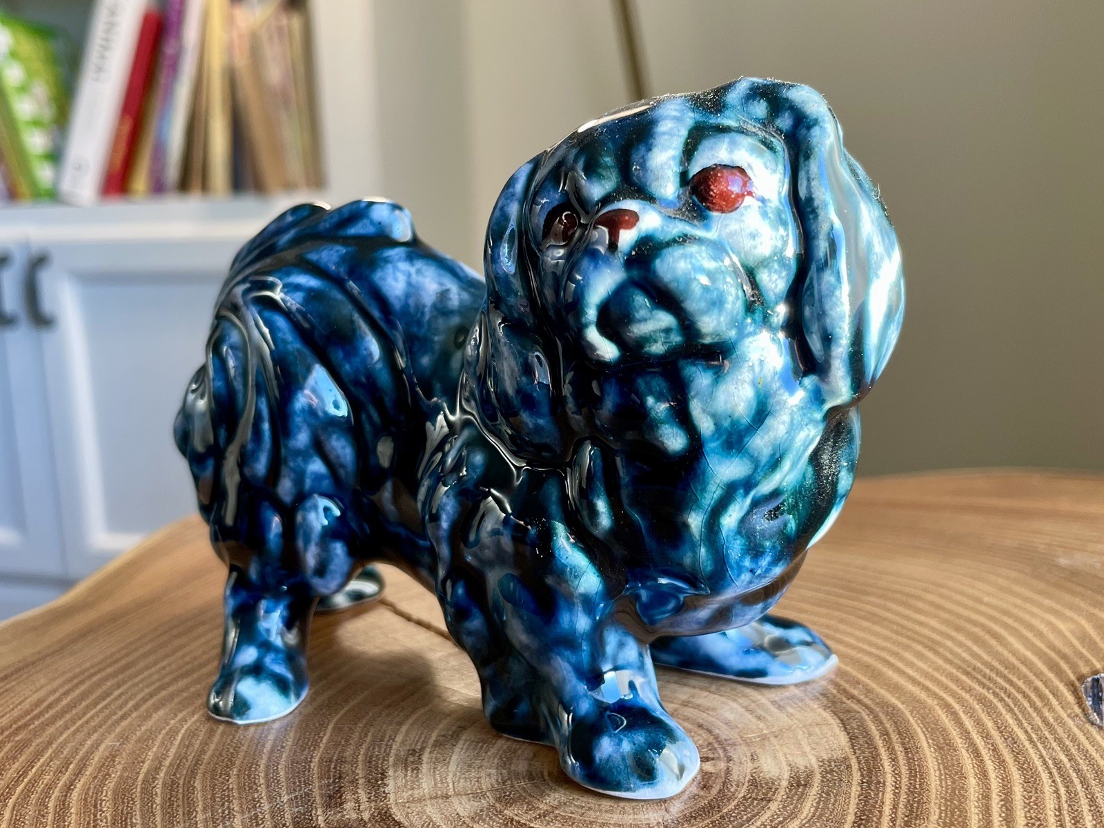 MCM Vintage Ceramic Pekingese Dog Figurine Blue Drip Glaze