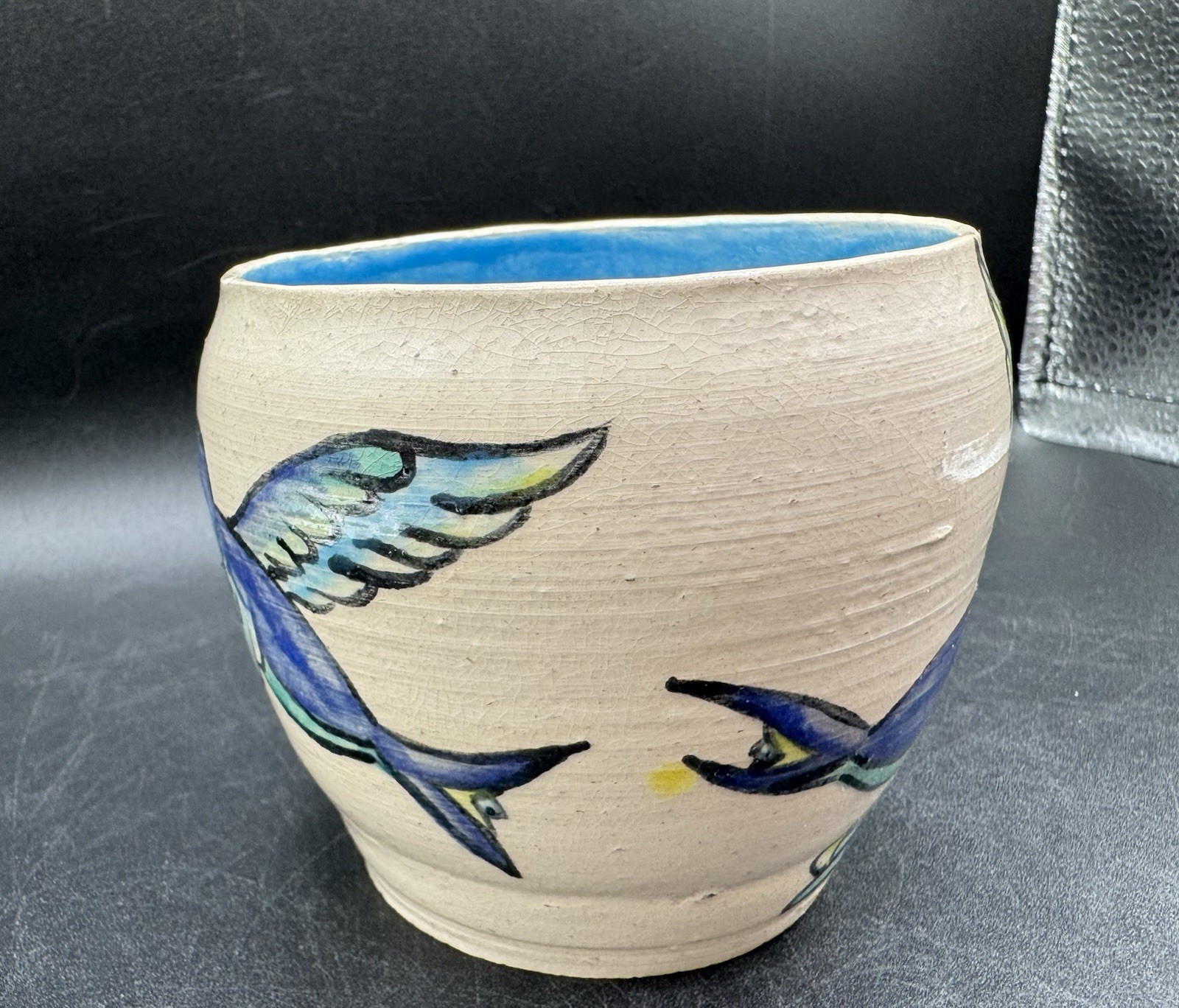 Art Pottery Hand painted Blue Birds Planter Pot Coral Floral Signed {Is} 4” W