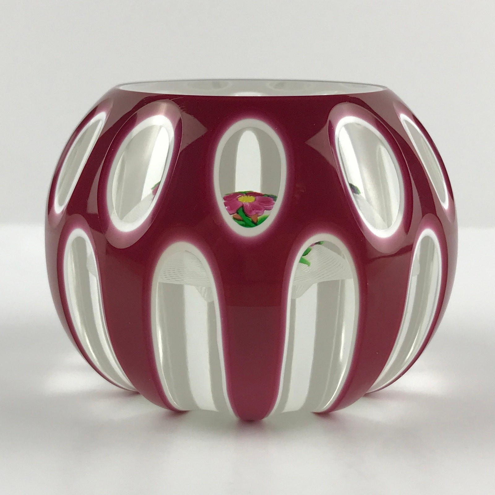Perthshire 1984G Double Overlay Latticino Cushion Flower Faceted Paperweight