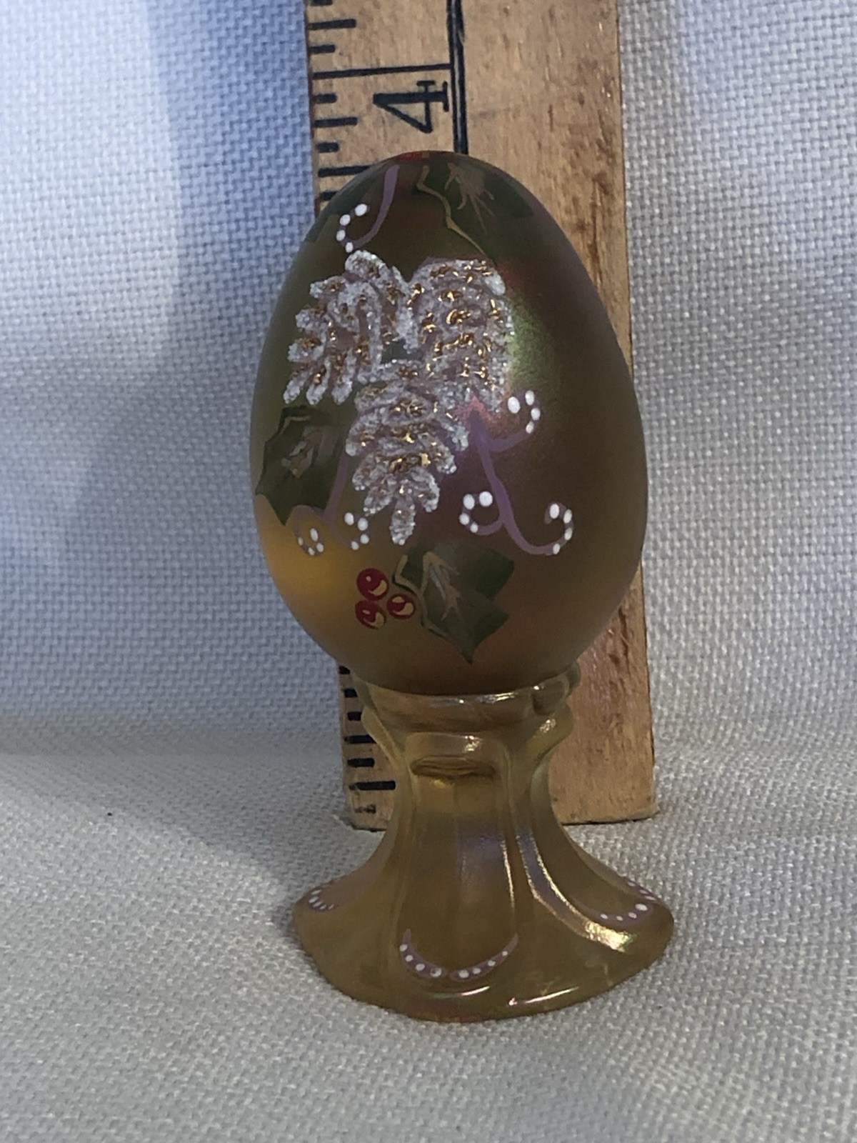 Fenton Iced Pinecones On Gold Glass Egg Pedestal