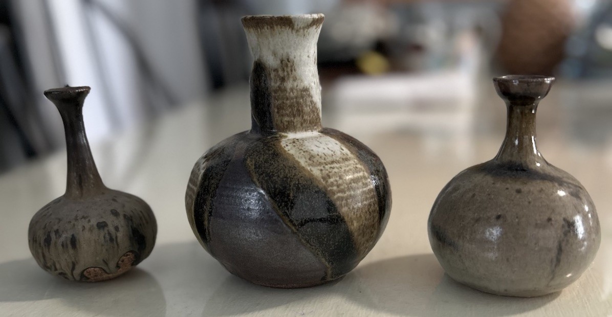 3 VTG Small Pottery Stoneware Glazed Bud Vases Earth Tones 4.25”-5.75” Tall MCM