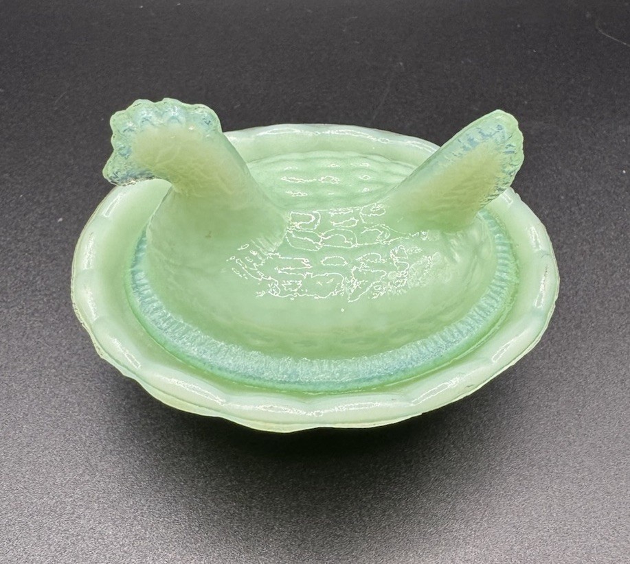 Vintage Hen on Nest Mini Jadeite Green Glass Salt Cellar Cottagecore