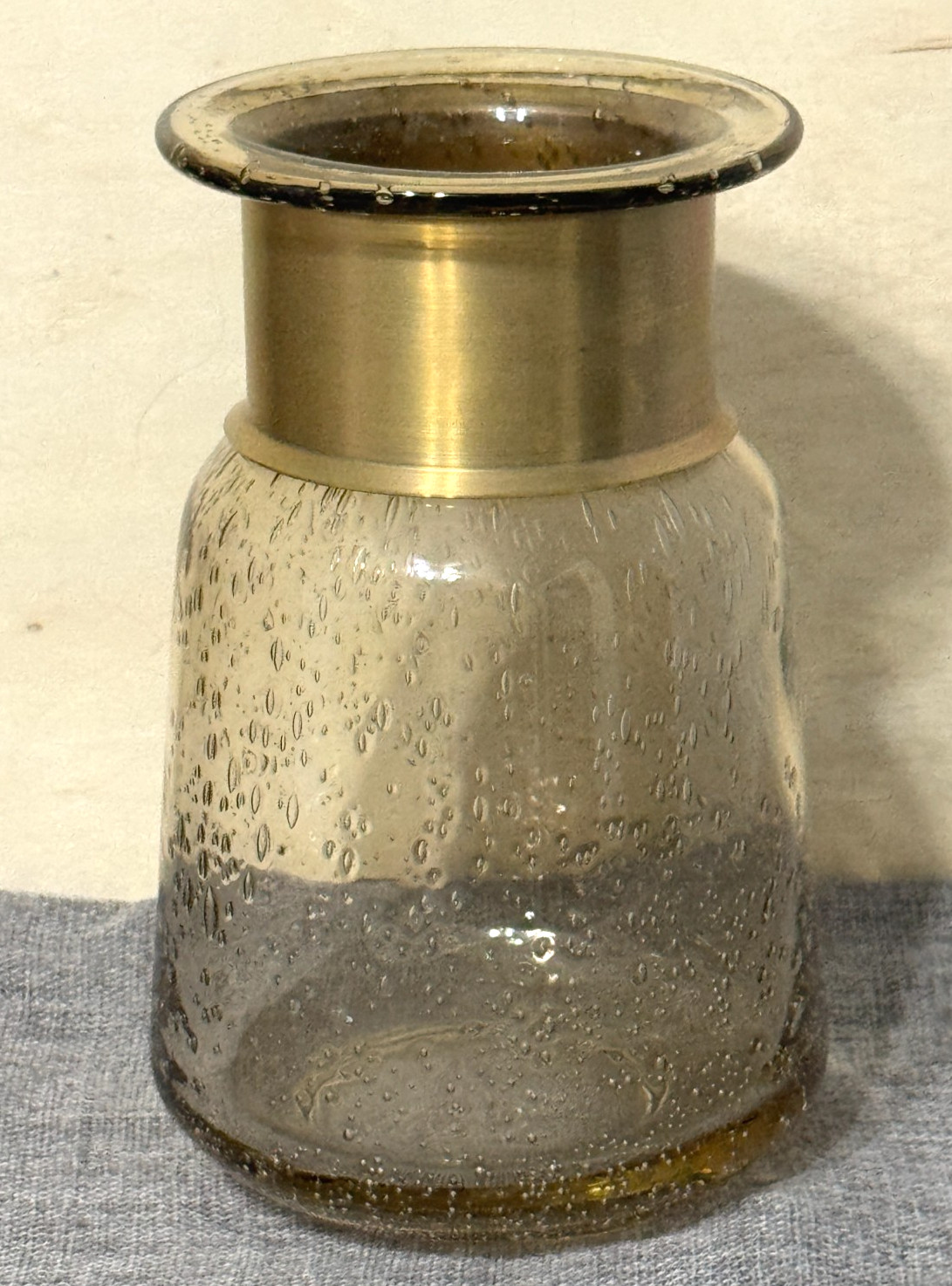 Honey Amber Textured Glass Vase Brass Tone Collar Champagne Bubble Decor
