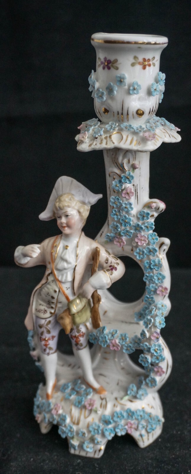 Antique 1881-1920 Dresden Elfinware Porcelain Figural Candlestick Encrusted Flow
