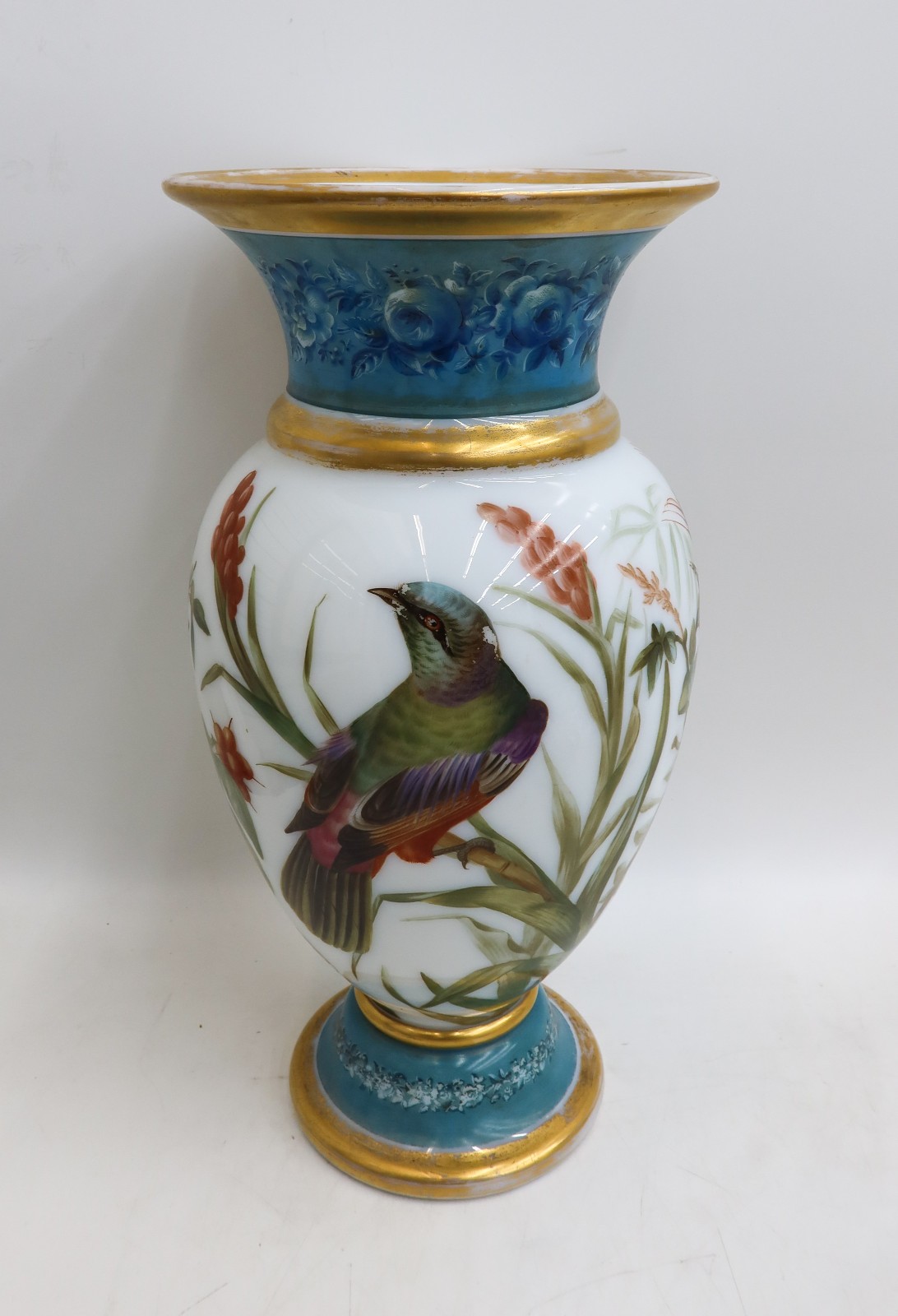 Baccarat French White Opaline Glass Hand Painted Swallows Birds Vase c1900