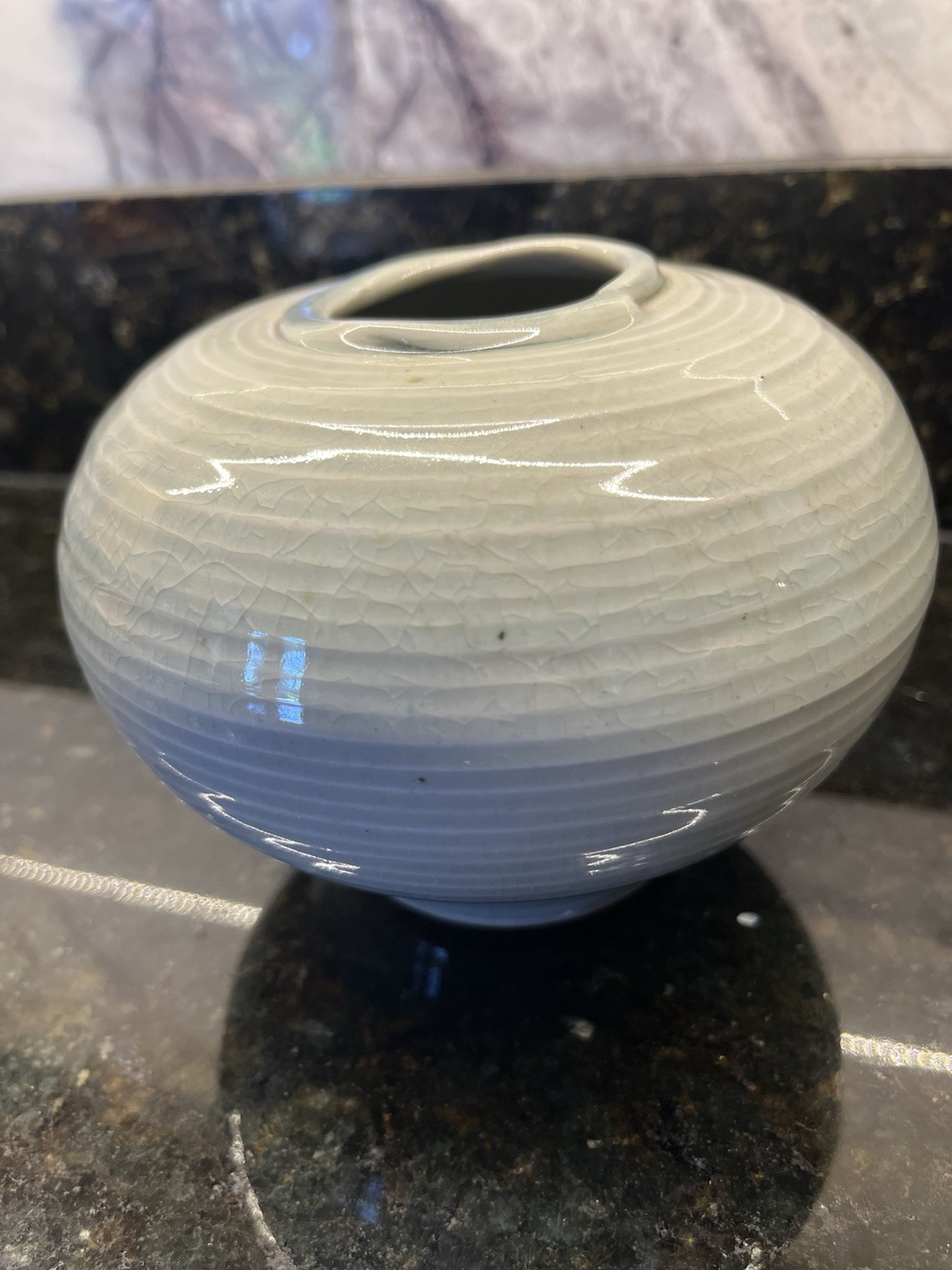 Signed Studio Pottery Hand Thrown Stoneware Round Vase Crackle Glaze 3.5” Tall