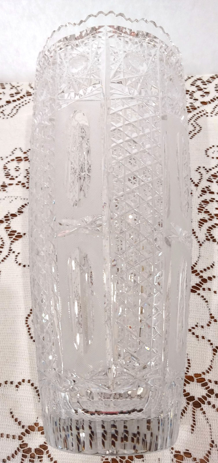 Large Bohemian Cut Crystal Vintage Vase 12 in. tall 5.5 in. diameter at opening