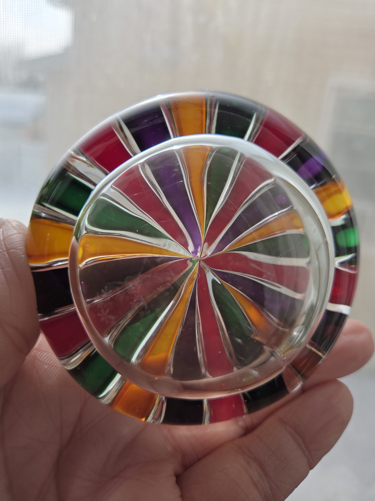 Unique Vintage Hand Blown 3D Multi Striped Art Glass Paperweight 3 Inches Wide