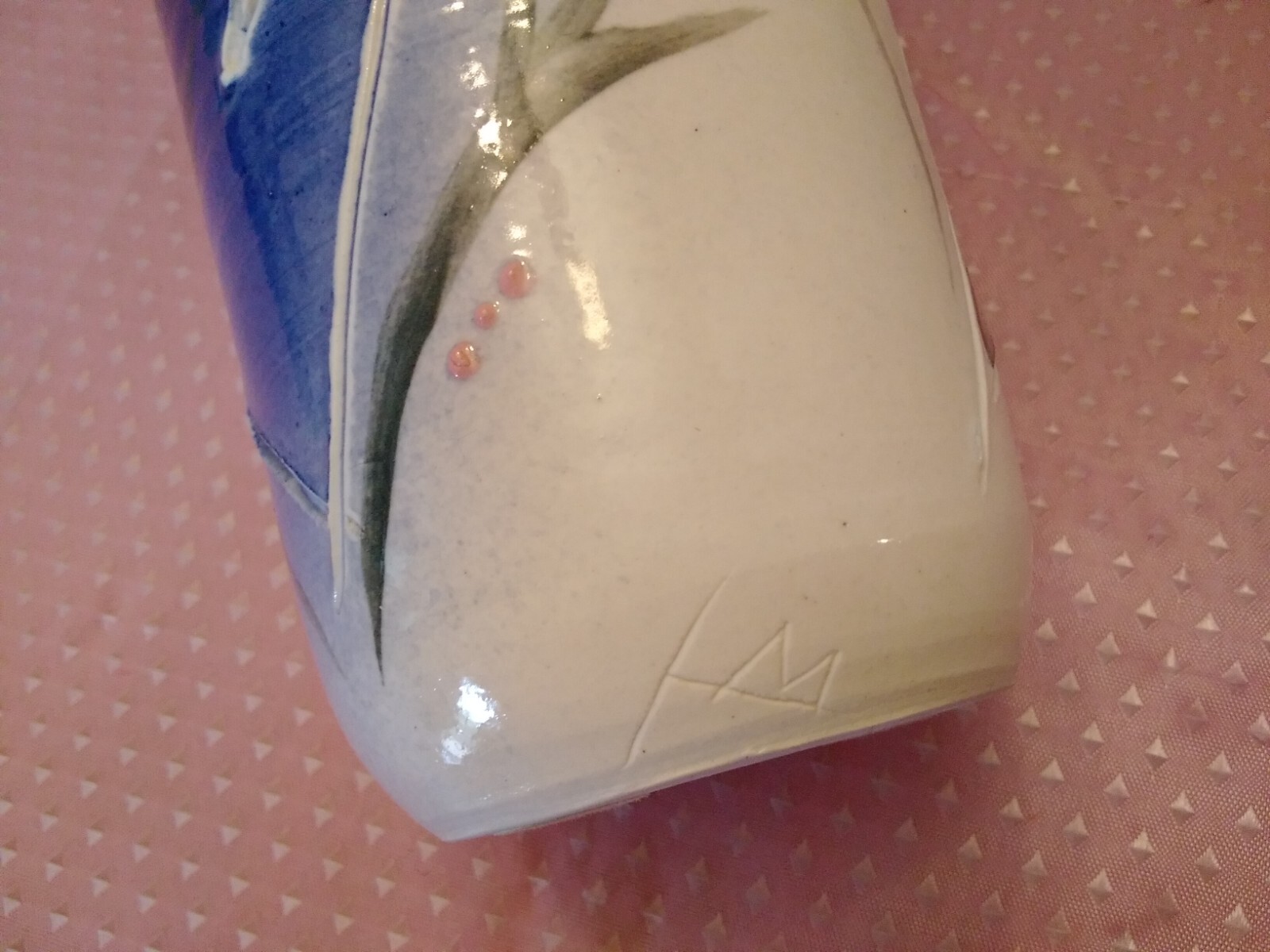 Pottery Vase Colbalt Blue Ivory Color Raised Leaf Artisan Signed 10.5″