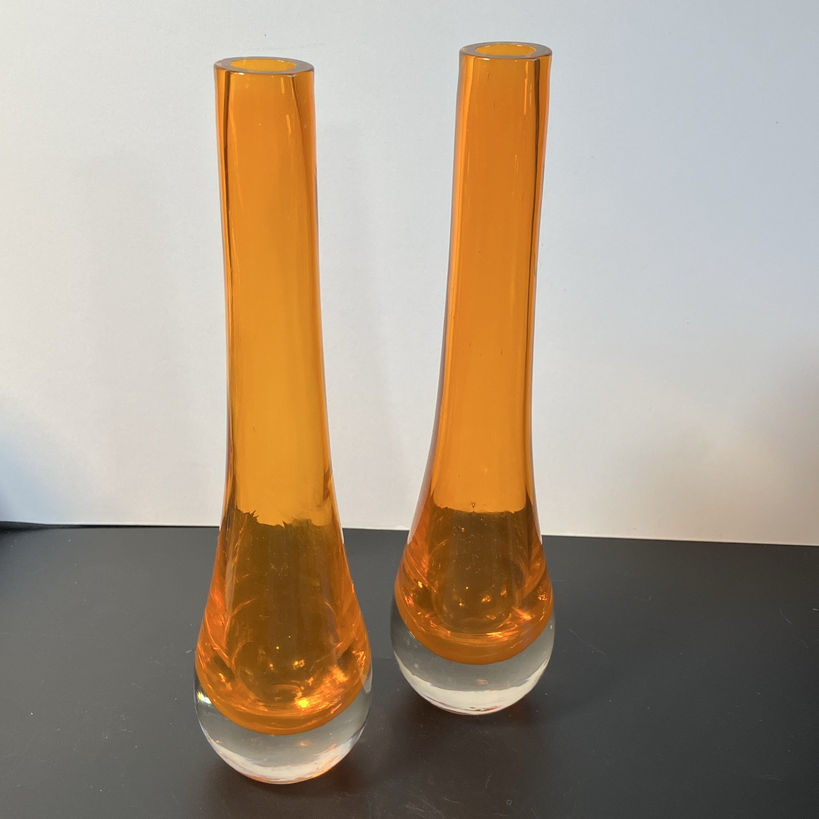 Set of 2 Orange & clear Glass Bud Vases No Pattern Decorative 10 in