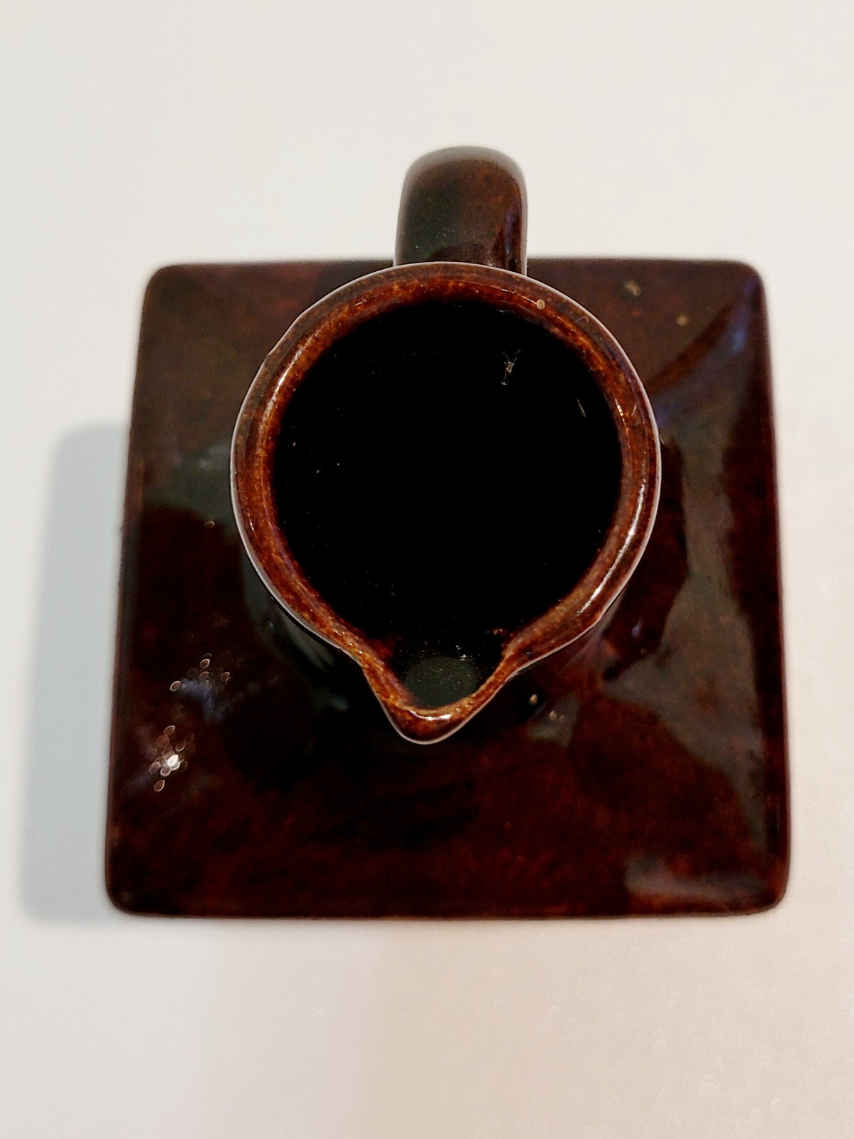 VTG BROWN/TAN STONEWARE POTTERY JUG-SMALL SQUARE 4 1/8″ HI–NO ID MARKS