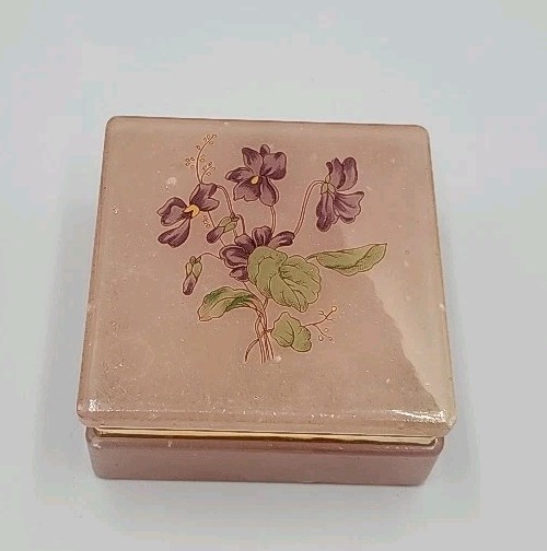 Vintage Pink Marble Jewlery Trinket Box Hinged Violet Floral Virginia Heritage