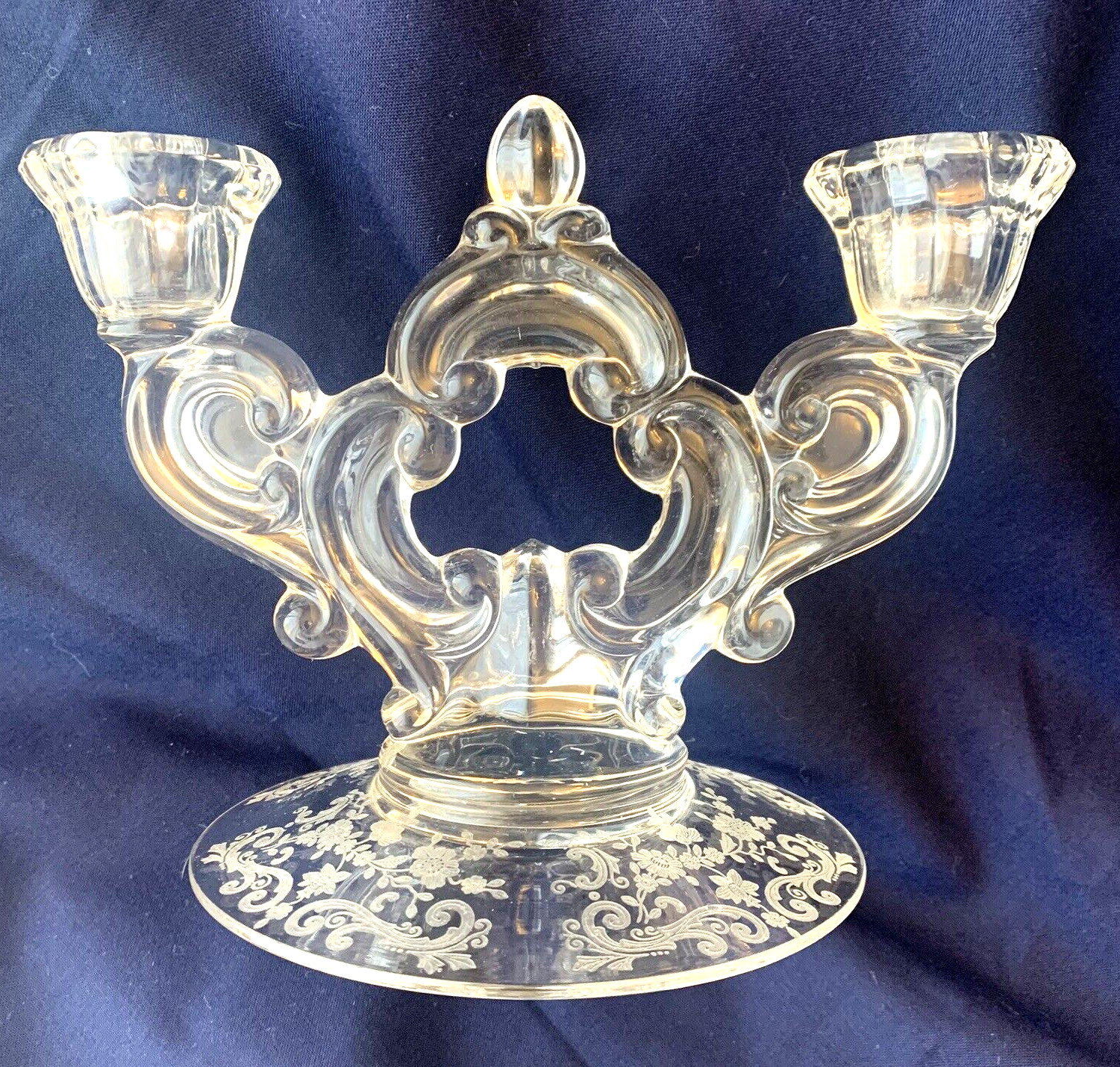 Cambridge Elegant Glass Double Candle Holder Candlestick Wildflower Pattern VTG