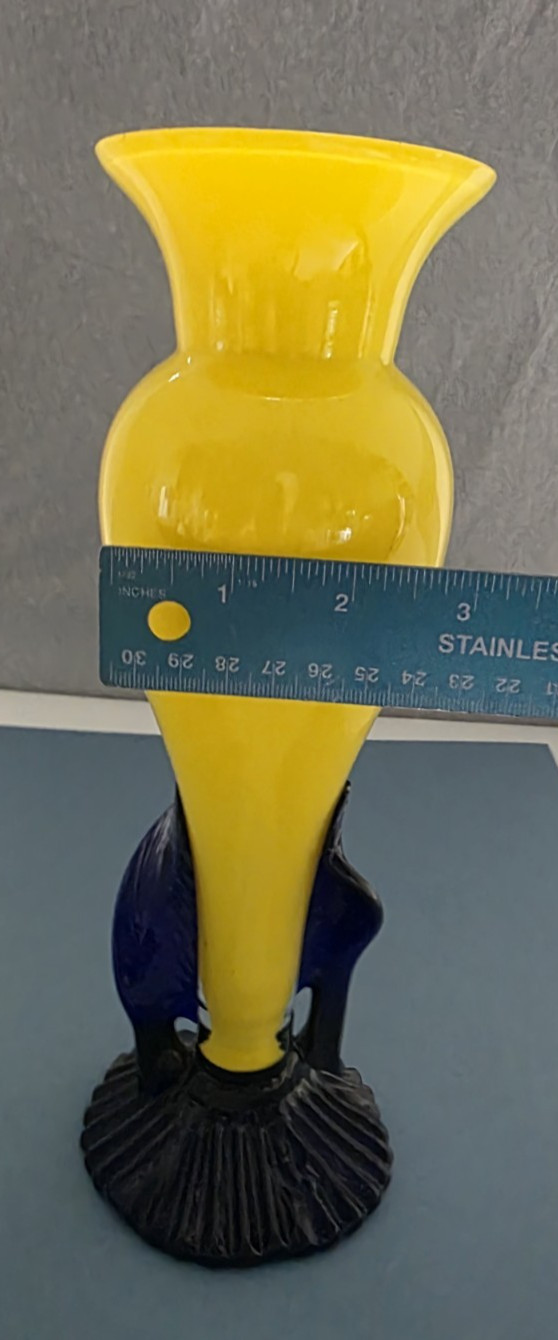Czech Art Glass Vase Yellow w/ Blue Applied Wings 10.25″ Czecho‑Slovakia Stamp