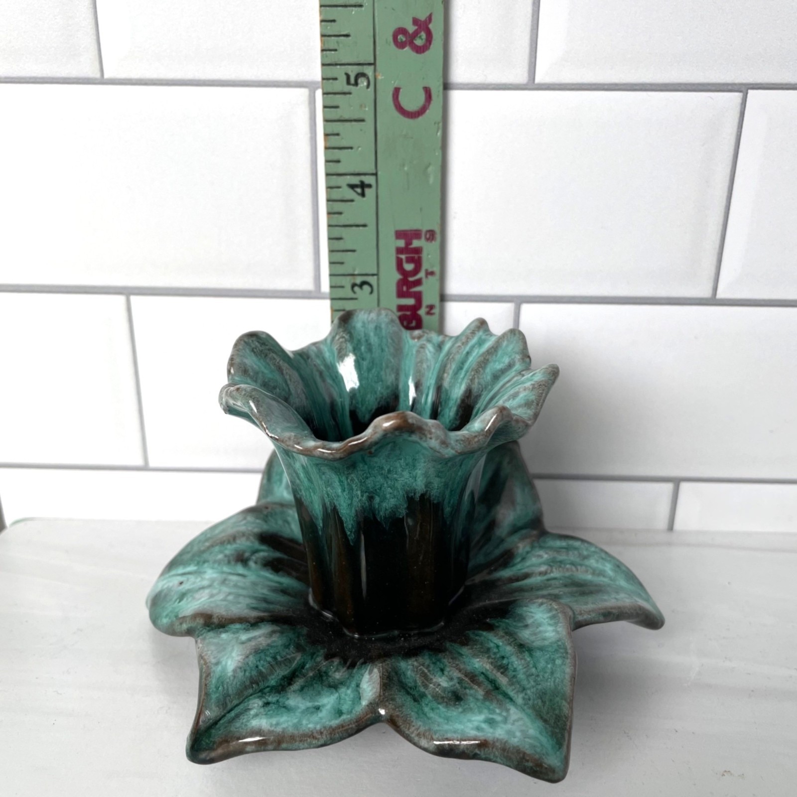 Blue Ceramic Daffodil Floral Taper Candle Holders Set Of 2 Studio Pottery Signed