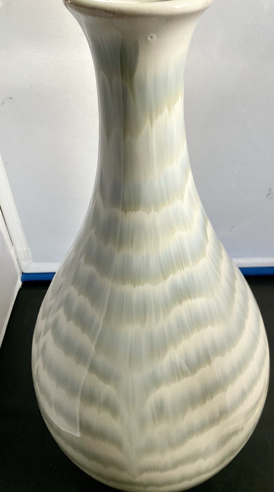 Large Handmade Signed Vase Cream Blue Green Abstract 16” X 8” Ceramic Glossy