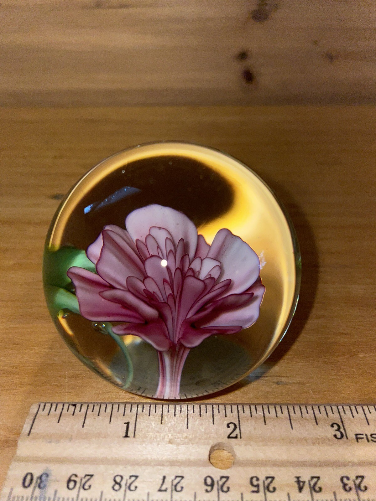 Studio Art Glass Flower Paperweight Orb Sphere Pink Floating Polished Base 2.5”